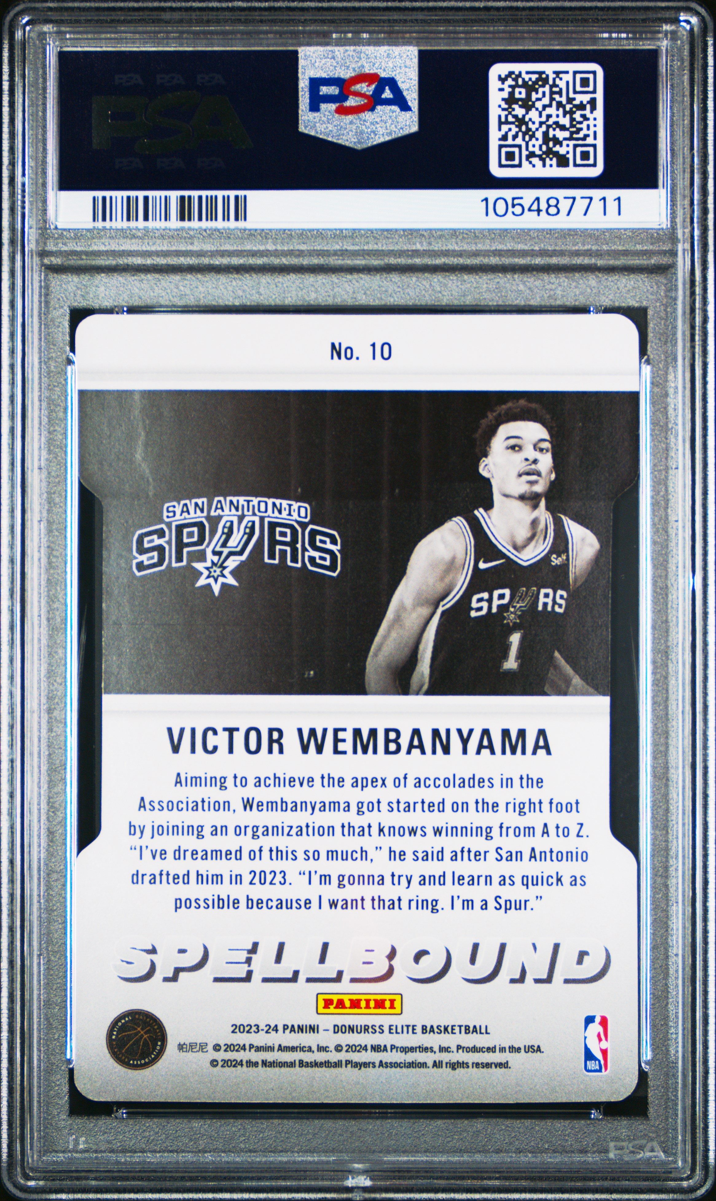 2023 Panini Donruss Elite Spellbound Victor Wembanyama #10 (Spellbound-Orange Dc) Gem Mt 10 back
