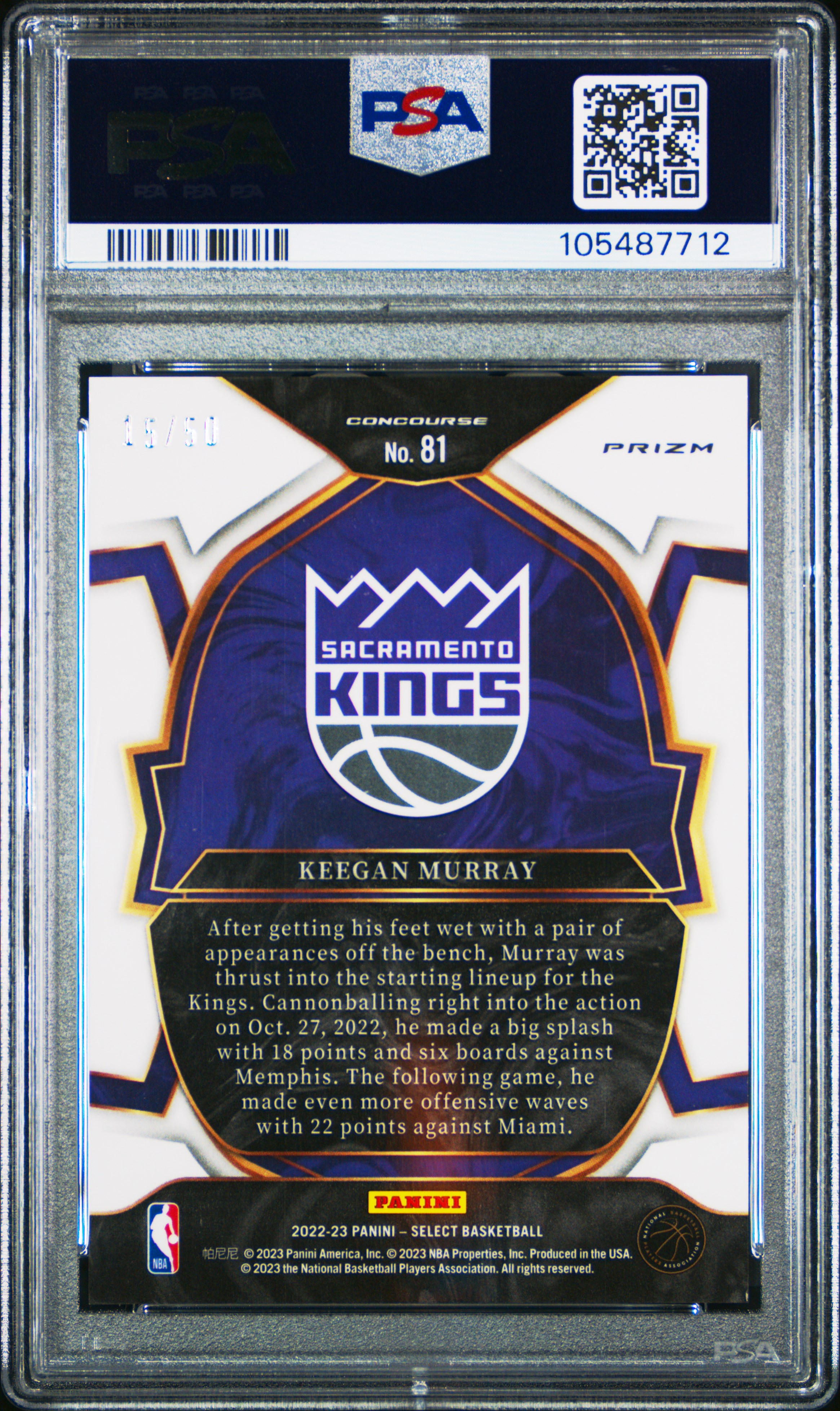 2022 Panini Select Keegan Murray #81 (Green Wave) Gem Mt 10 back