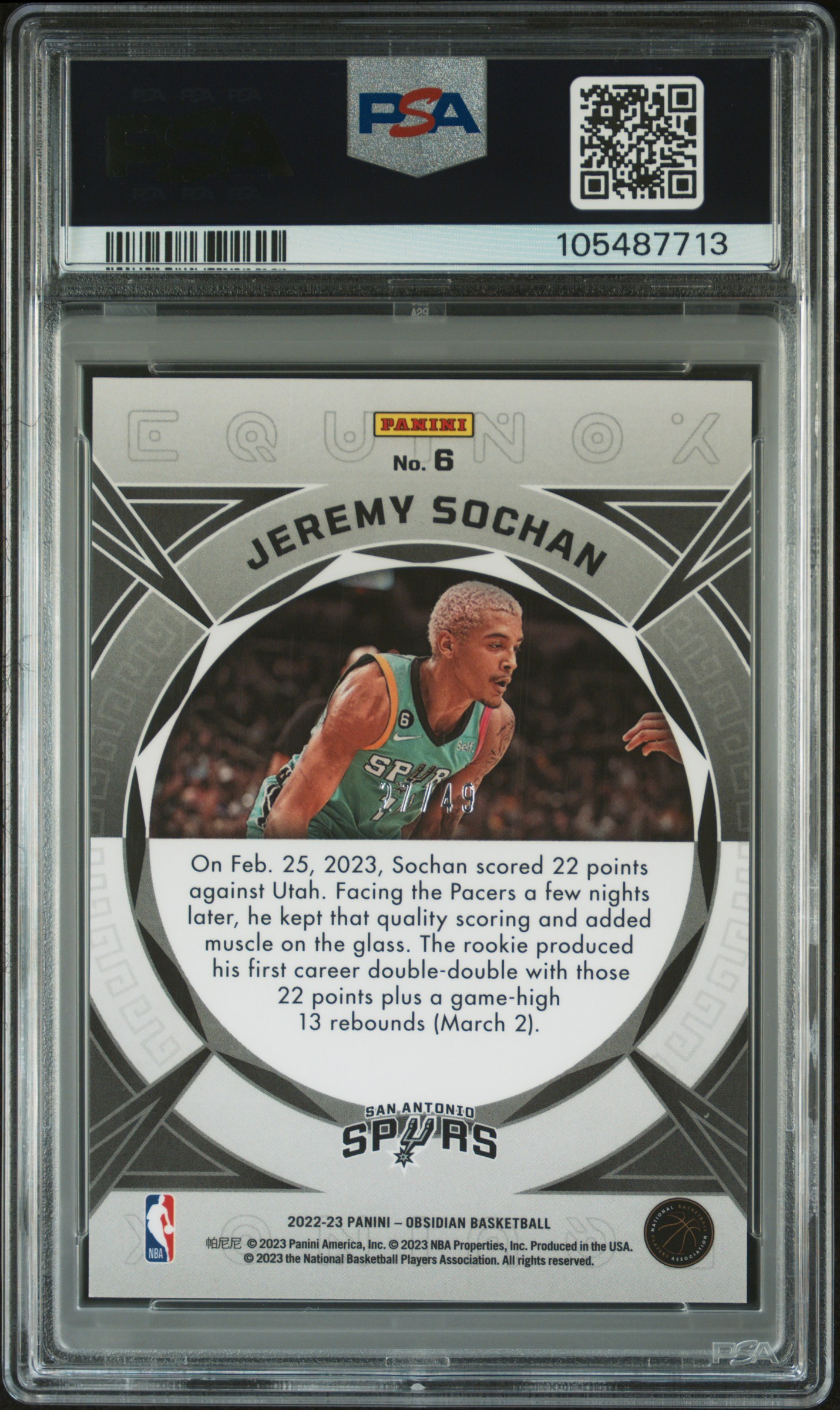 2022 Panini Obsidian Equinox Jeremy Sochan #6 (Equinox-Ee Purple Flood) Gem Mt 10 back