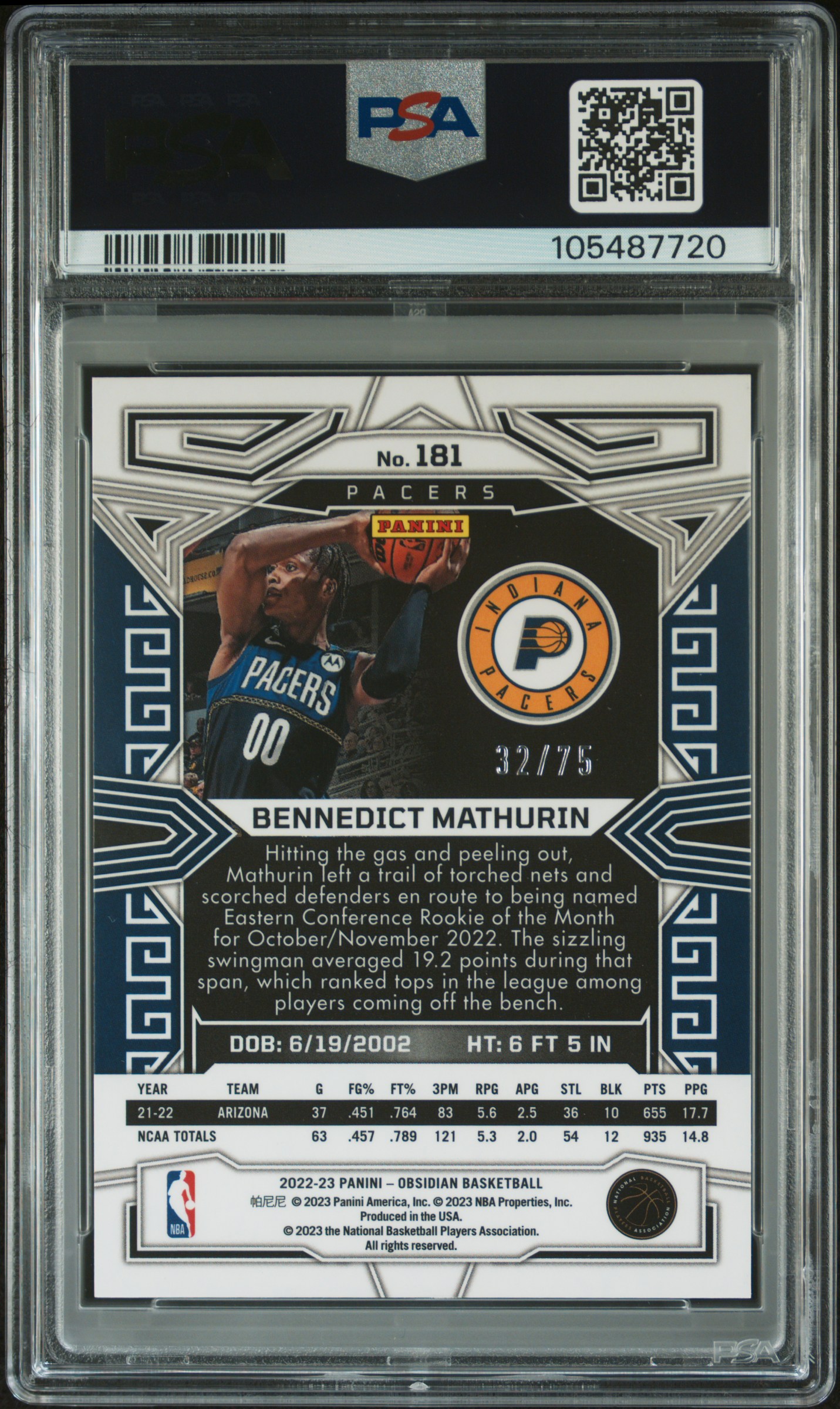 2022 Panini Obsidian Bennedict Mathurin #181 (Ee Red/Yellow/Green Flood) Gem Mt 10 back