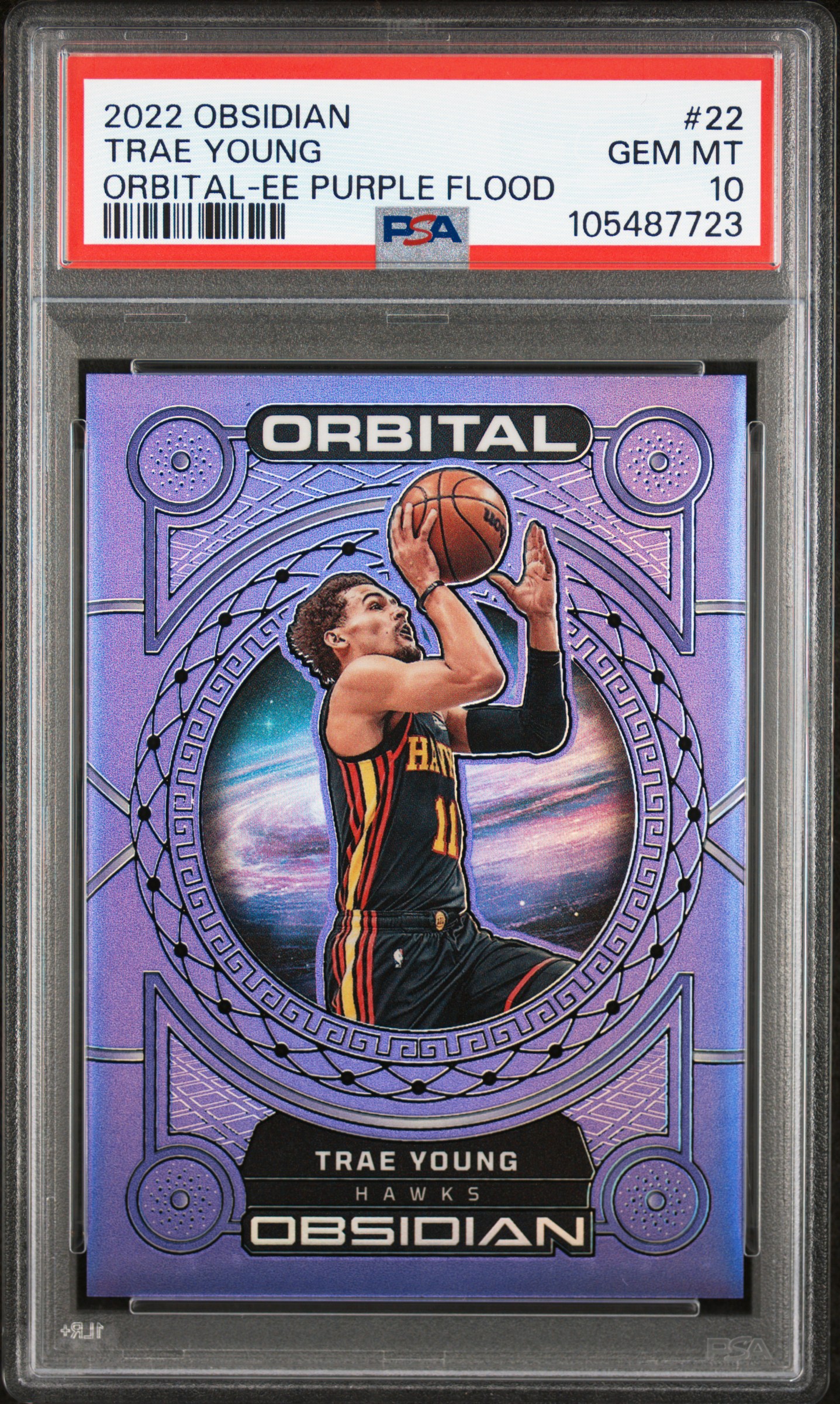 2022 Panini Obsidian Orbital Trae Young #22 (Orbital-Ee Purple Flood) Gem Mt 10 front