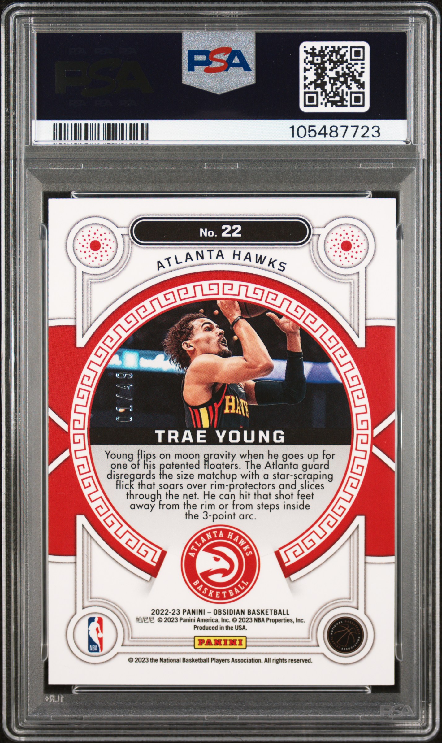 2022 Panini Obsidian Orbital Trae Young #22 (Orbital-Ee Purple Flood) Gem Mt 10 back