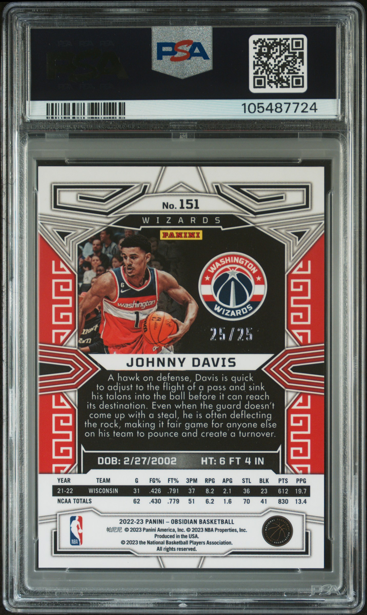 2022 Panini Obsidian Johnny Davis #151 (Electric Etch Green Flood) Mint 9 back