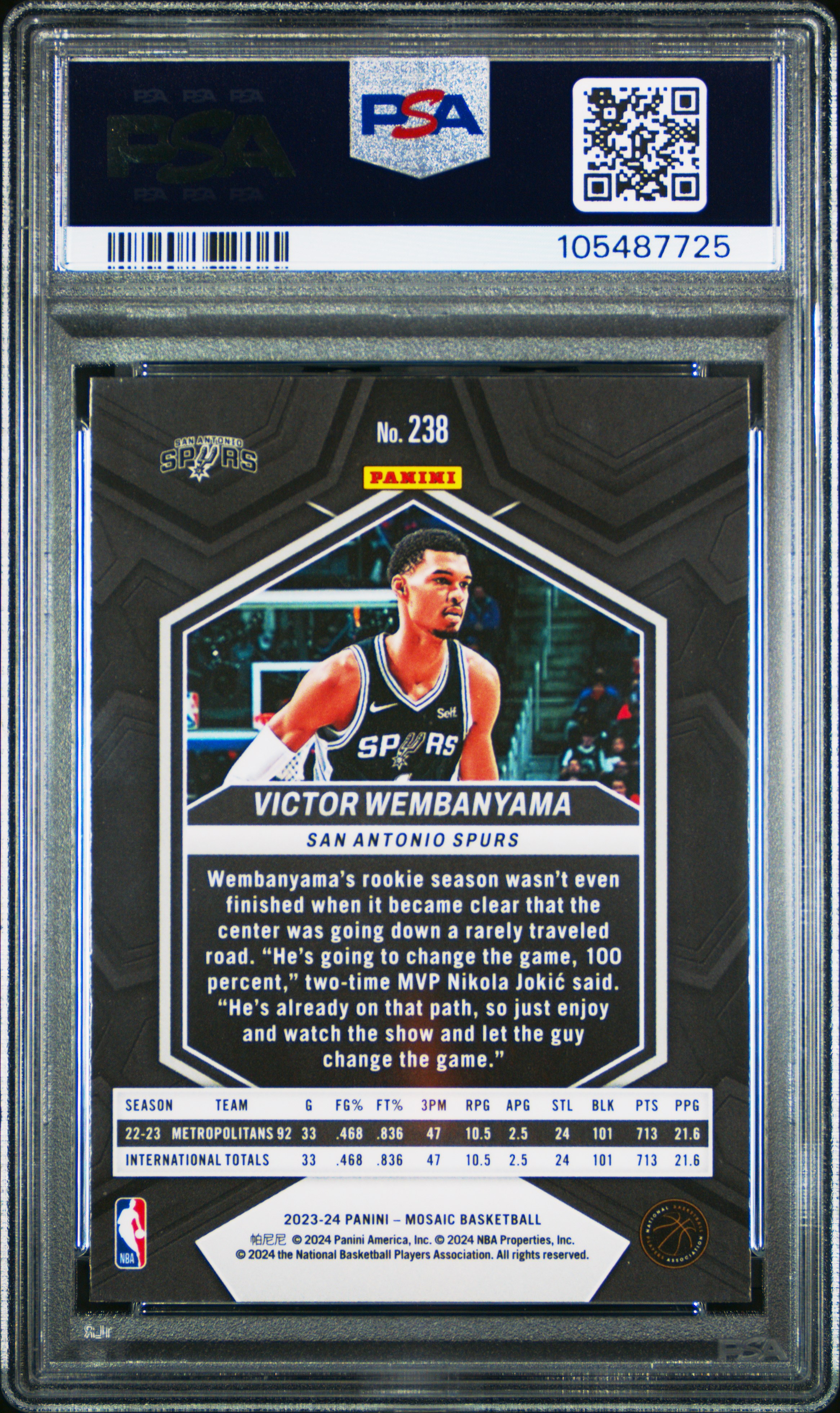 2023 Panini Mosaic Victor Wembanyama #238 Gem Mt 10 back