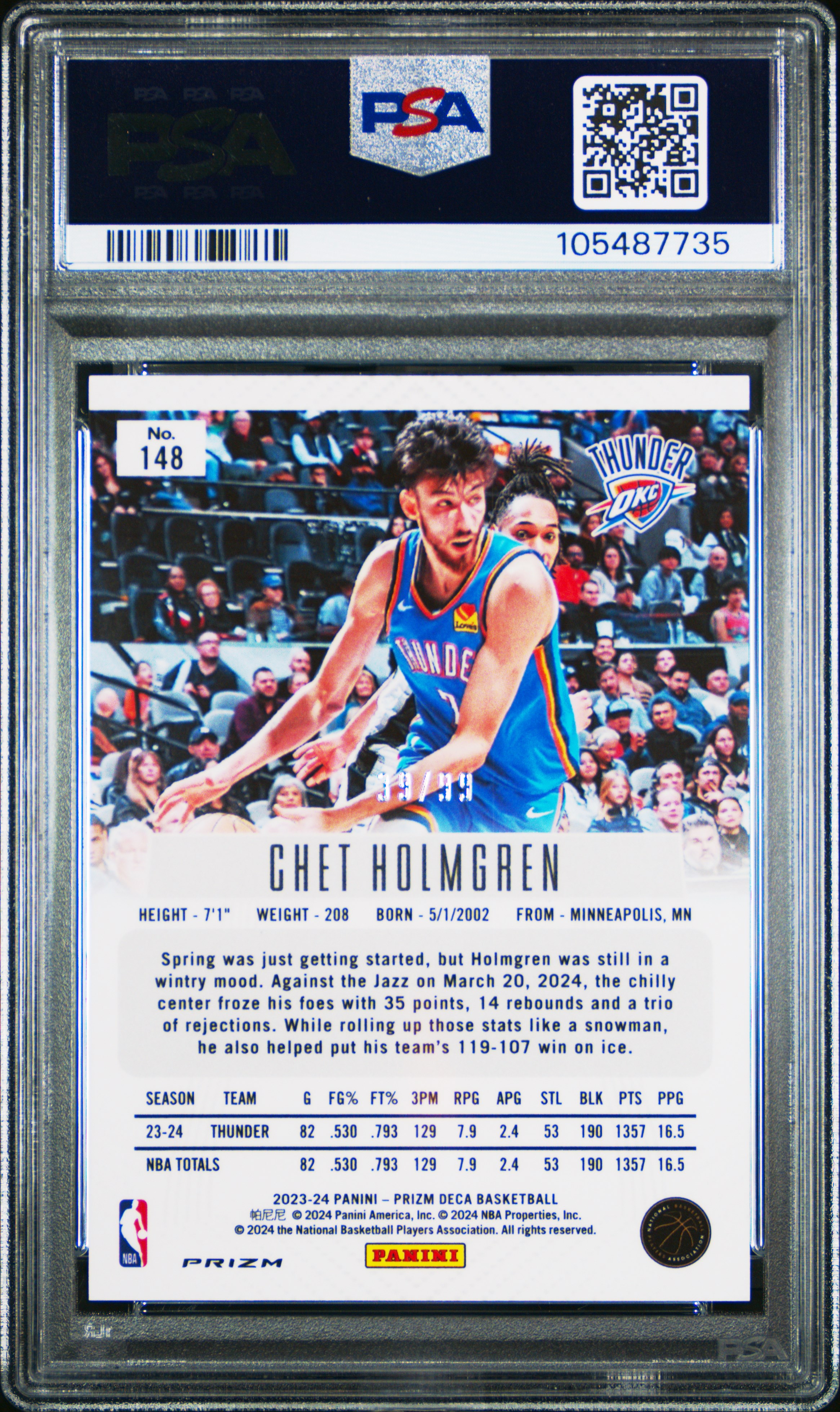 2023 Panini Prizm Deca Chet Holmgren #148 (Purple Prizm) Gem Mt 10 back