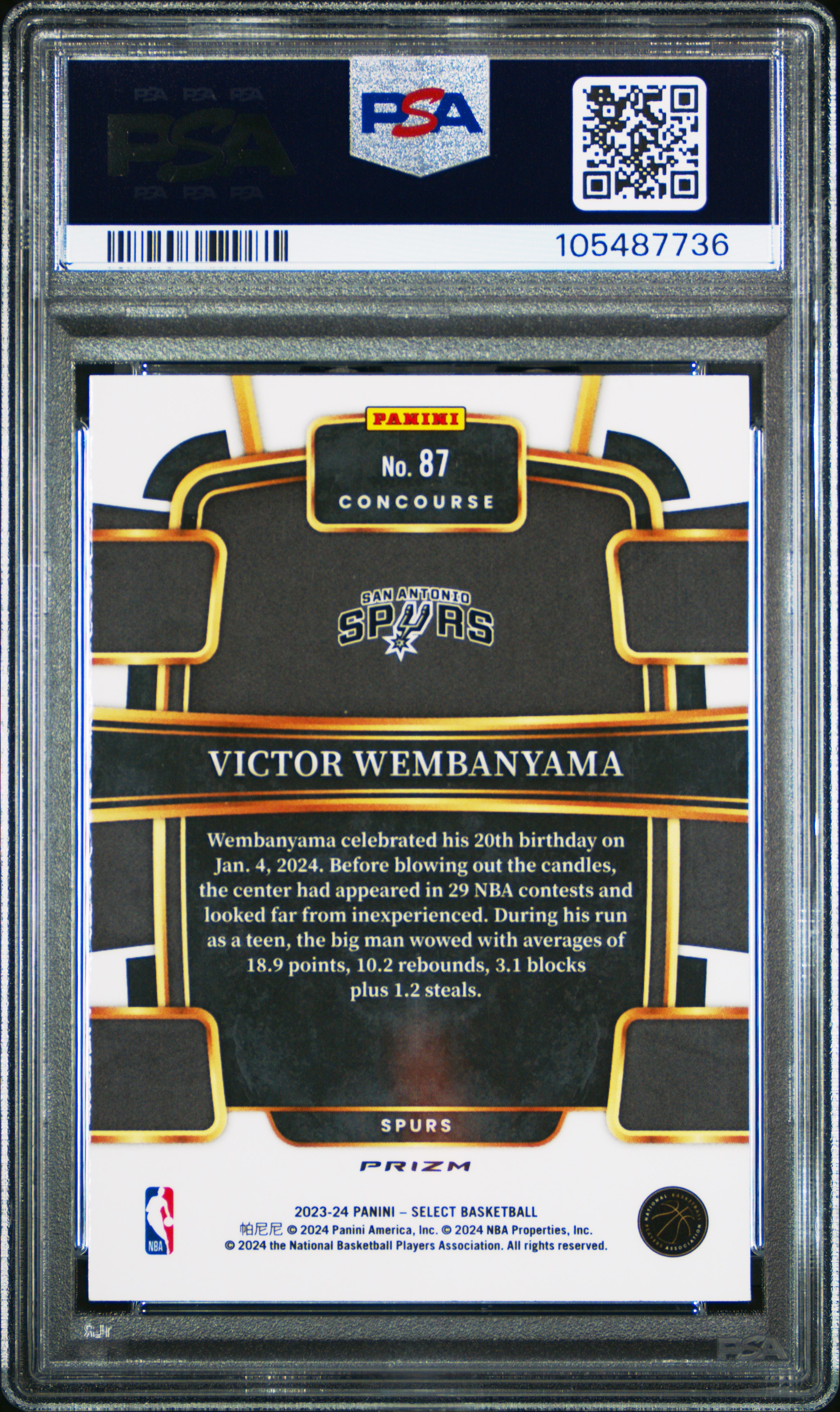 2023 Panini Select Victor Wembanyama #87 (Blue Cracked Ice) Gem Mt 10 back