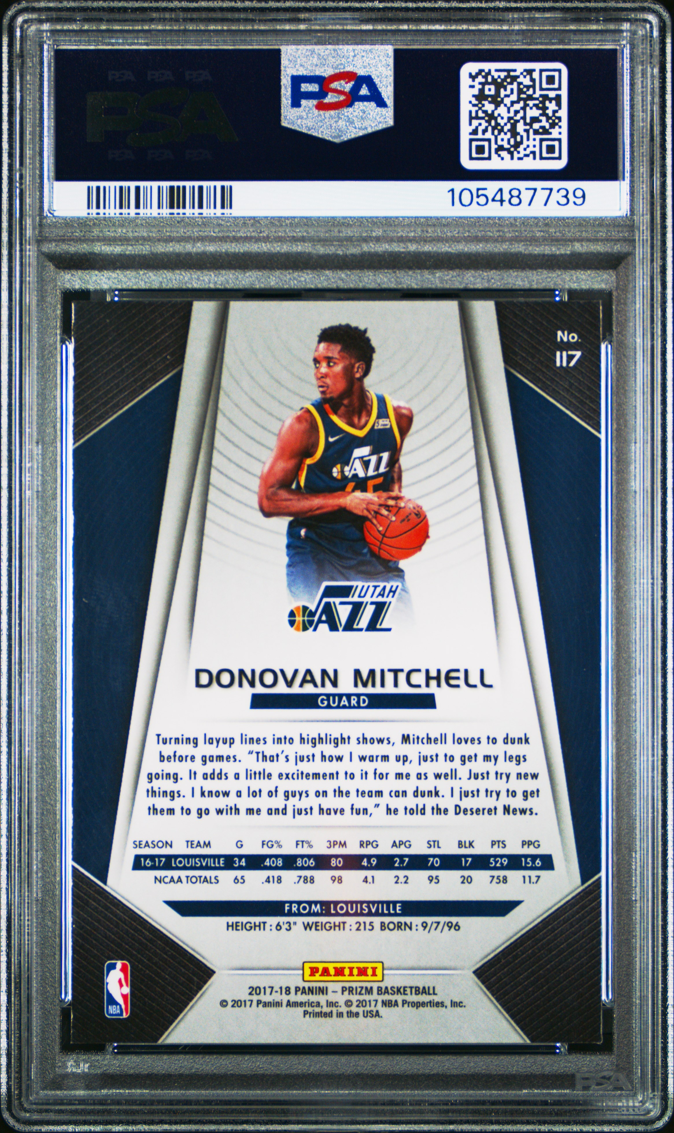 2017 Panini Prizm Donovan Mitchell #117 Gem Mt 10 back