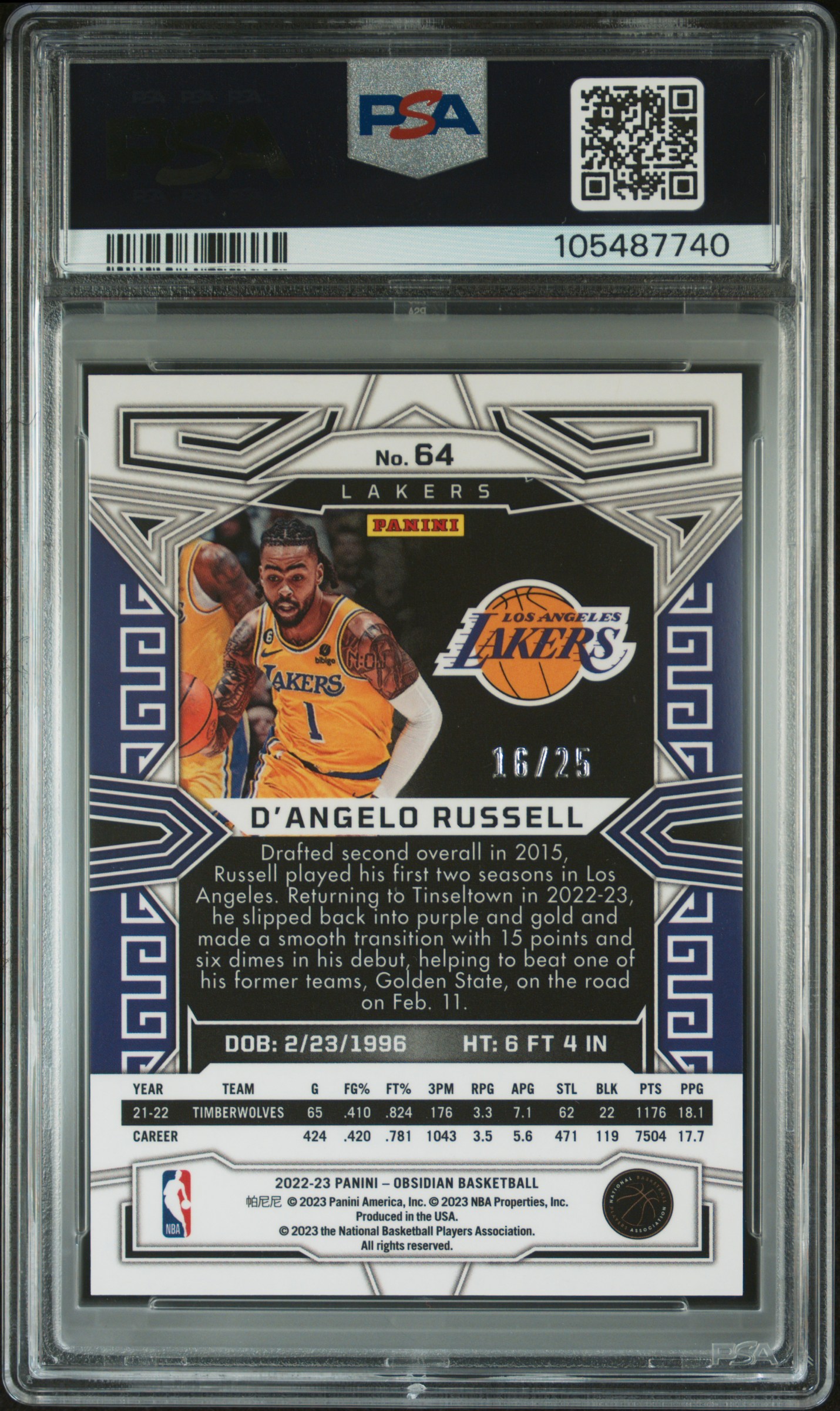 2022 Panini Obsidian D'angelo Russell #64 (Electric Etch Green Flood) Gem Mt 10 back