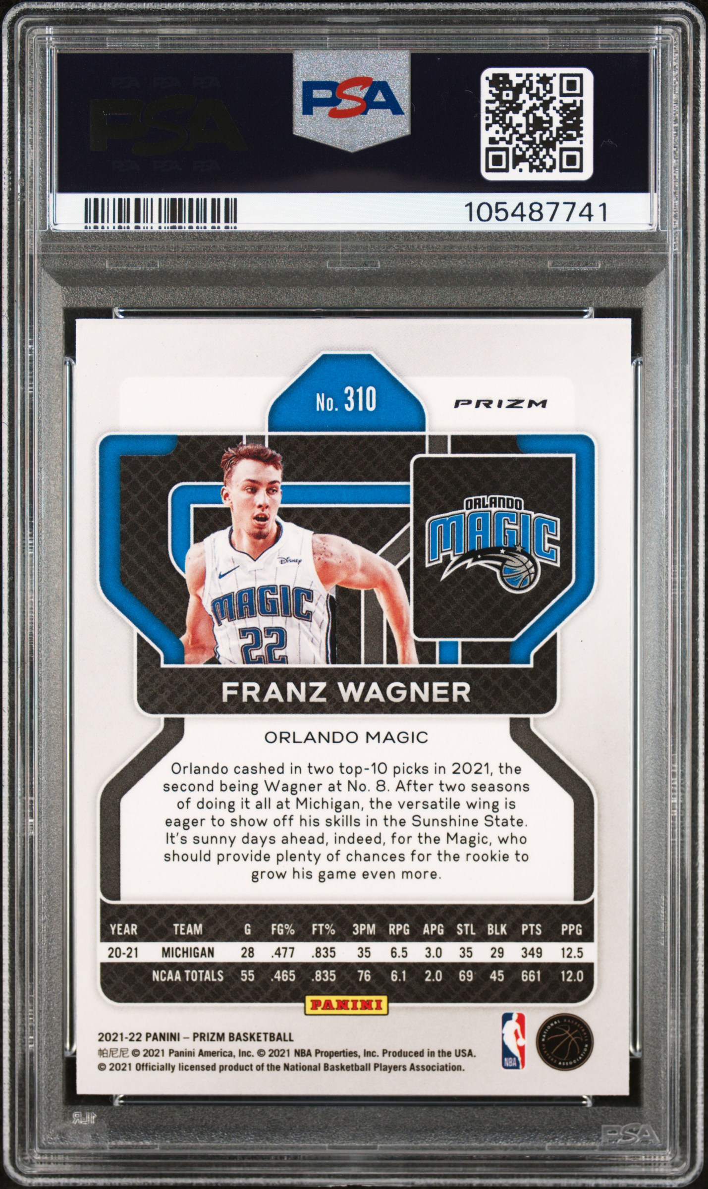 2021 Panini Prizm Franz Wagner #310 (Fast Break) Gem Mt 10 back