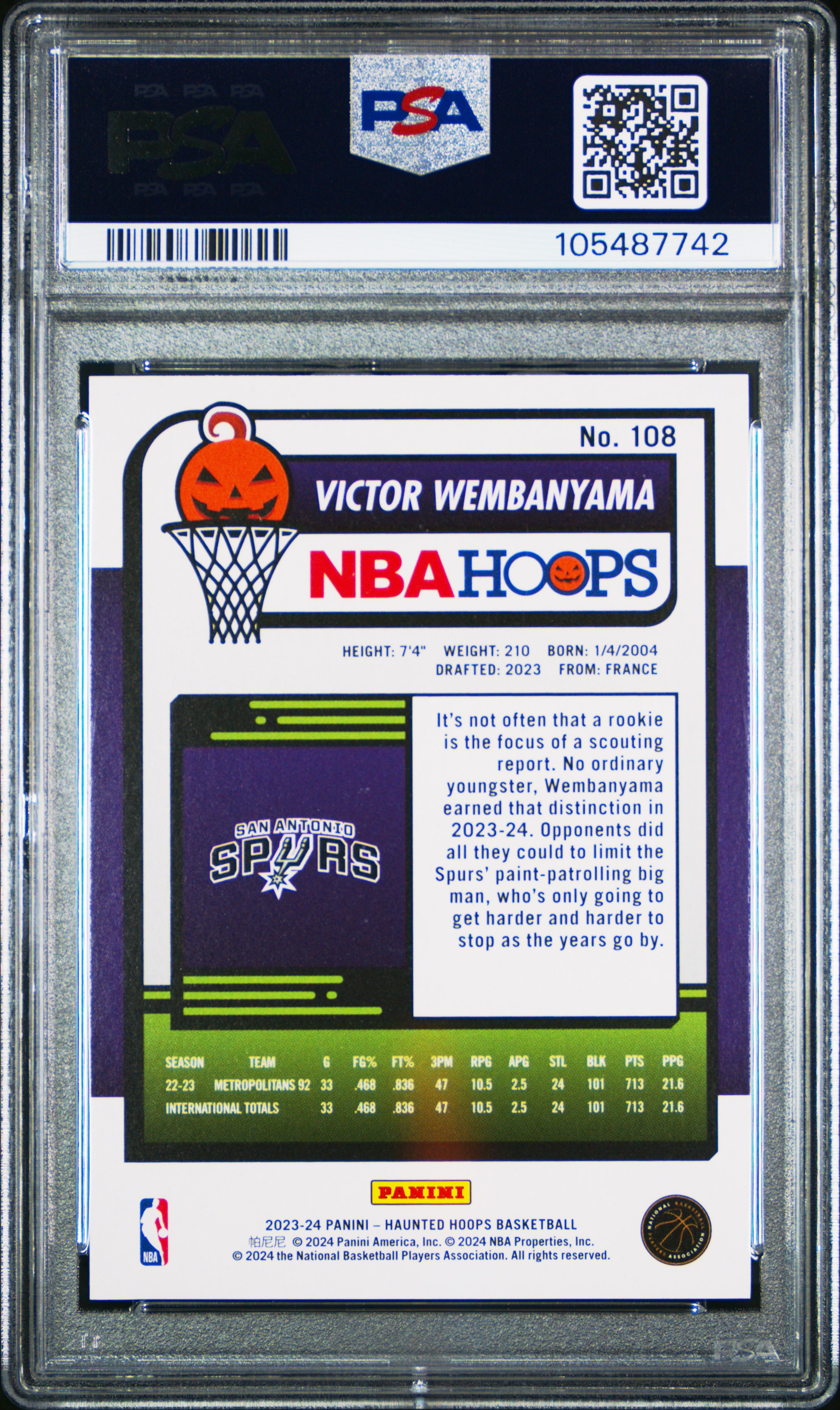 2023 Panini Haunted Hoops Victor Wembanyama #108 (Orange) Gem Mt 10 back