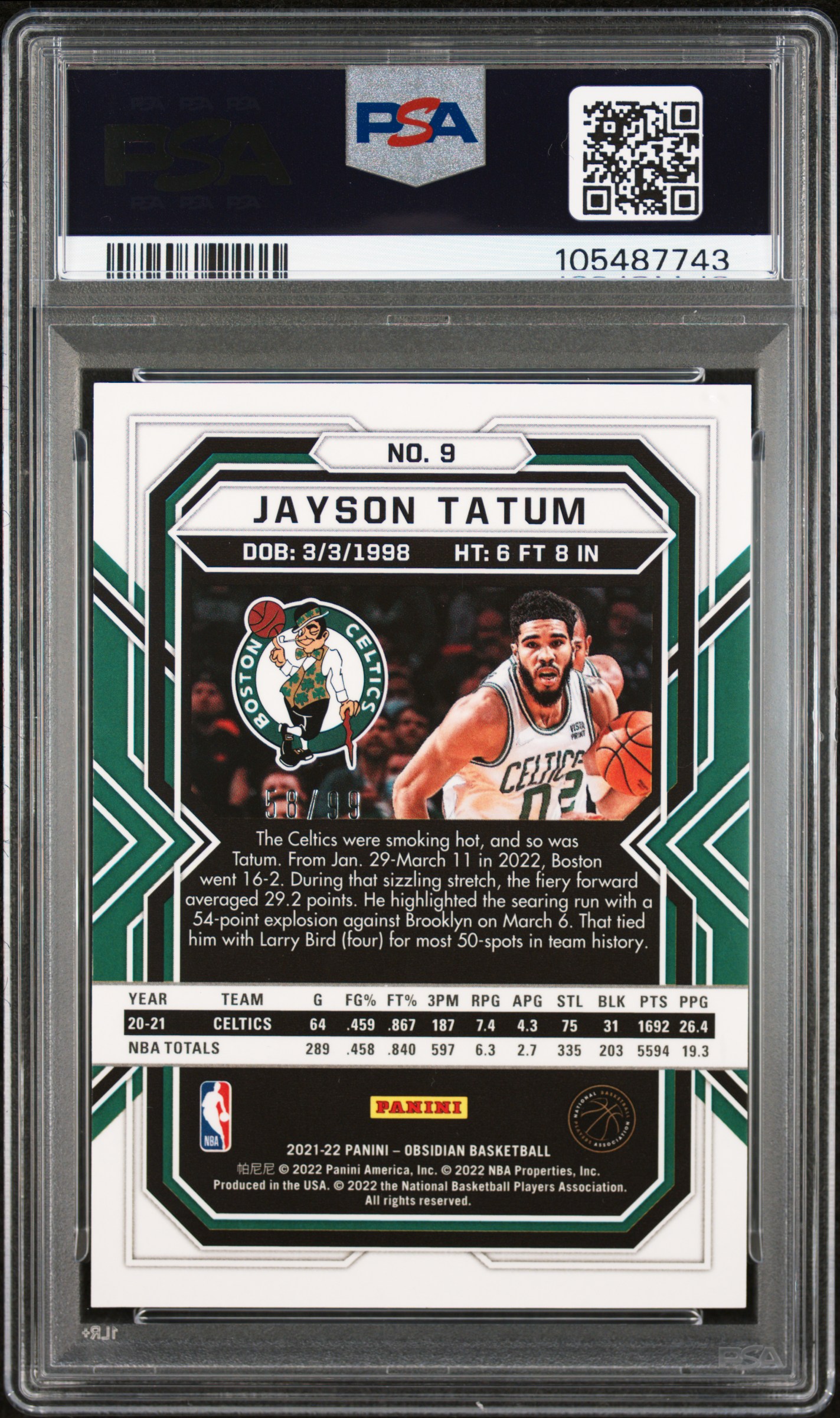 2021 Panini Obsidian Jayson Tatum #9 (E/E Red/Yellow/Green Flood) Gem Mt 10 back
