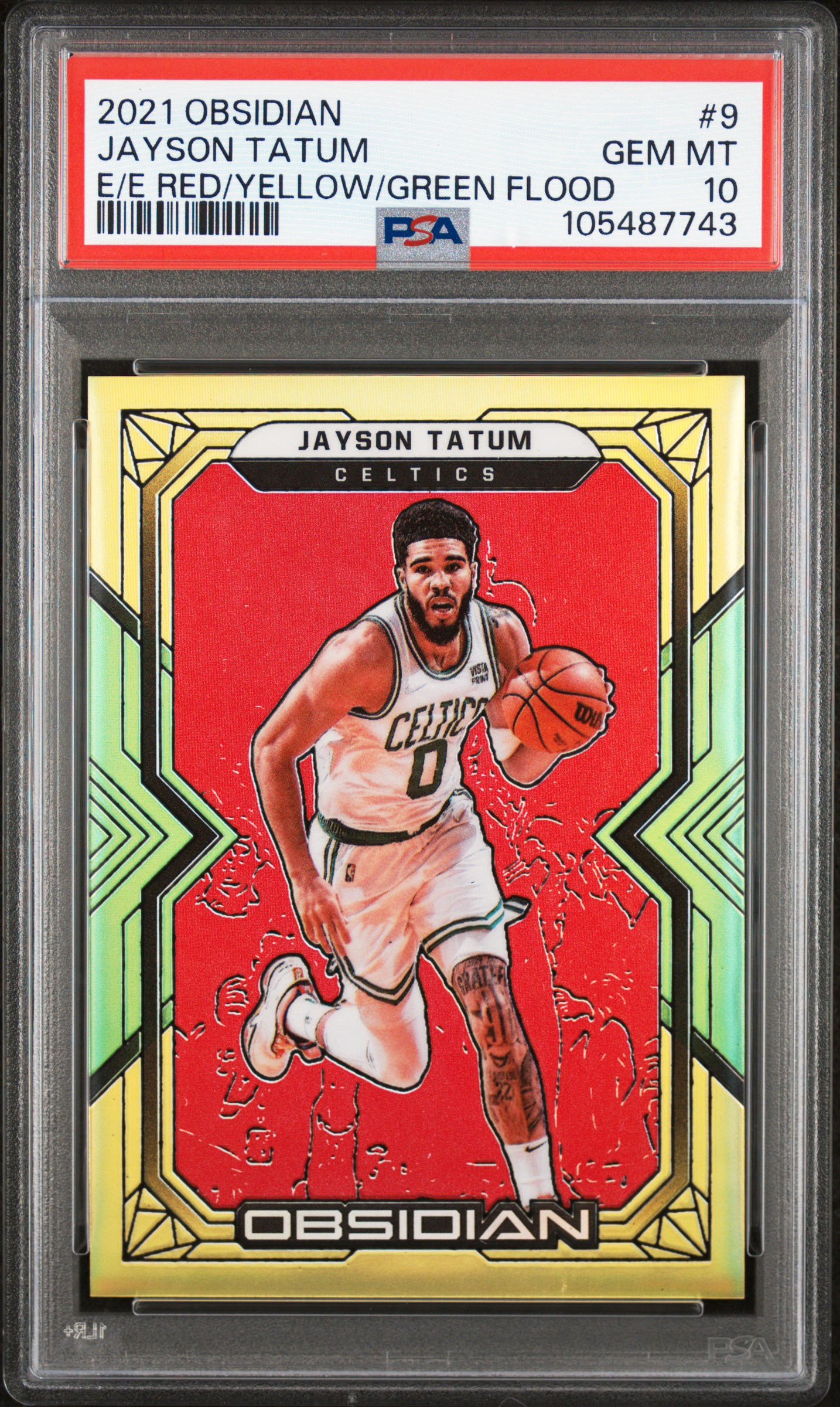 2021 Panini Obsidian Jayson Tatum #9 (E/E Red/Yellow/Green Flood) Gem Mt 10 front