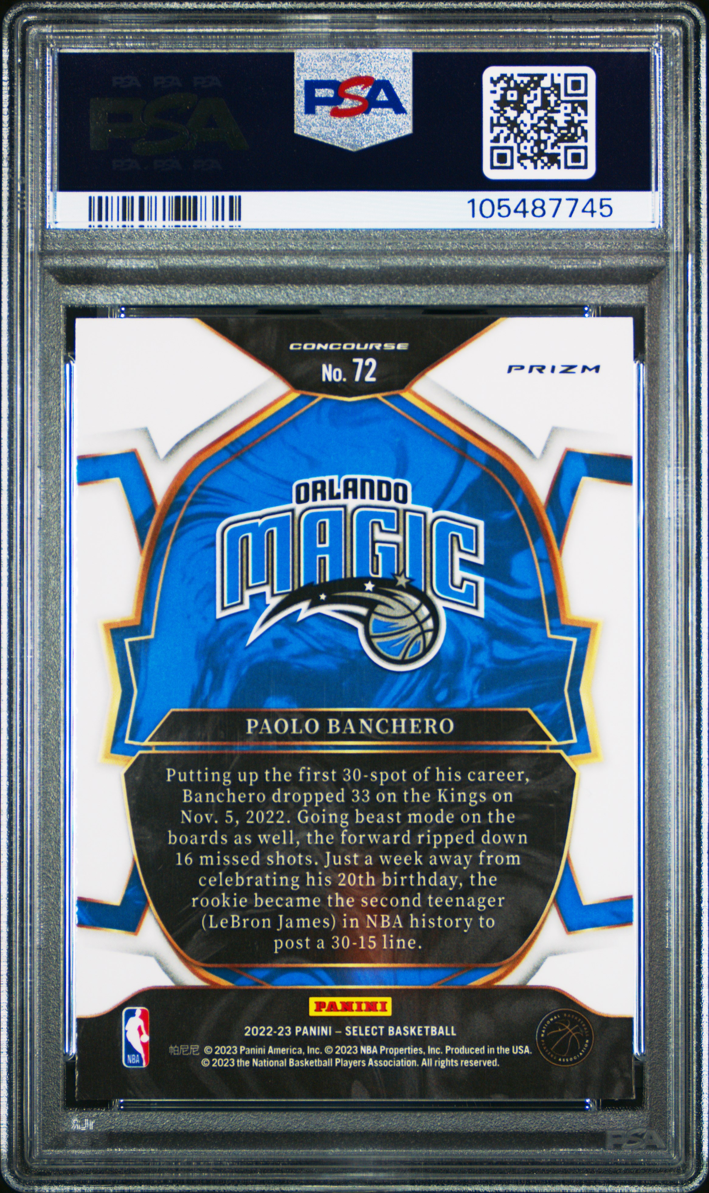 2022 Panini Select Paolo Banchero #72 (Red Wave) Mint 9 back