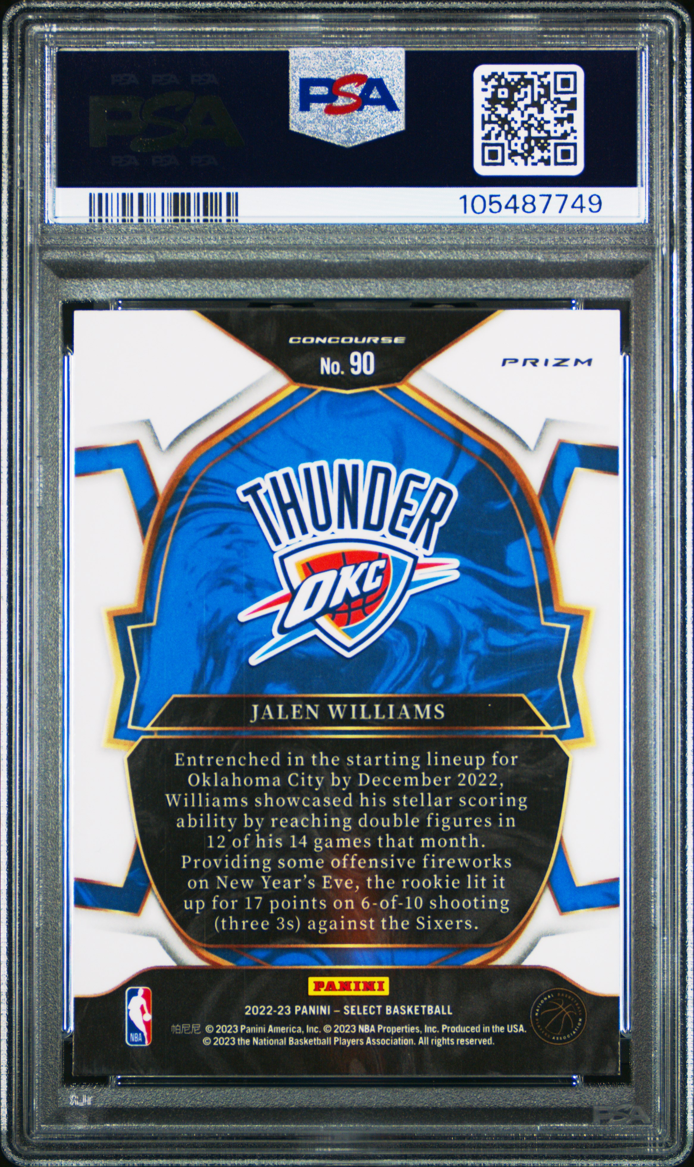2022 Panini Select Jalen Williams #90 (Blue Prizm) Gem Mt 10 back