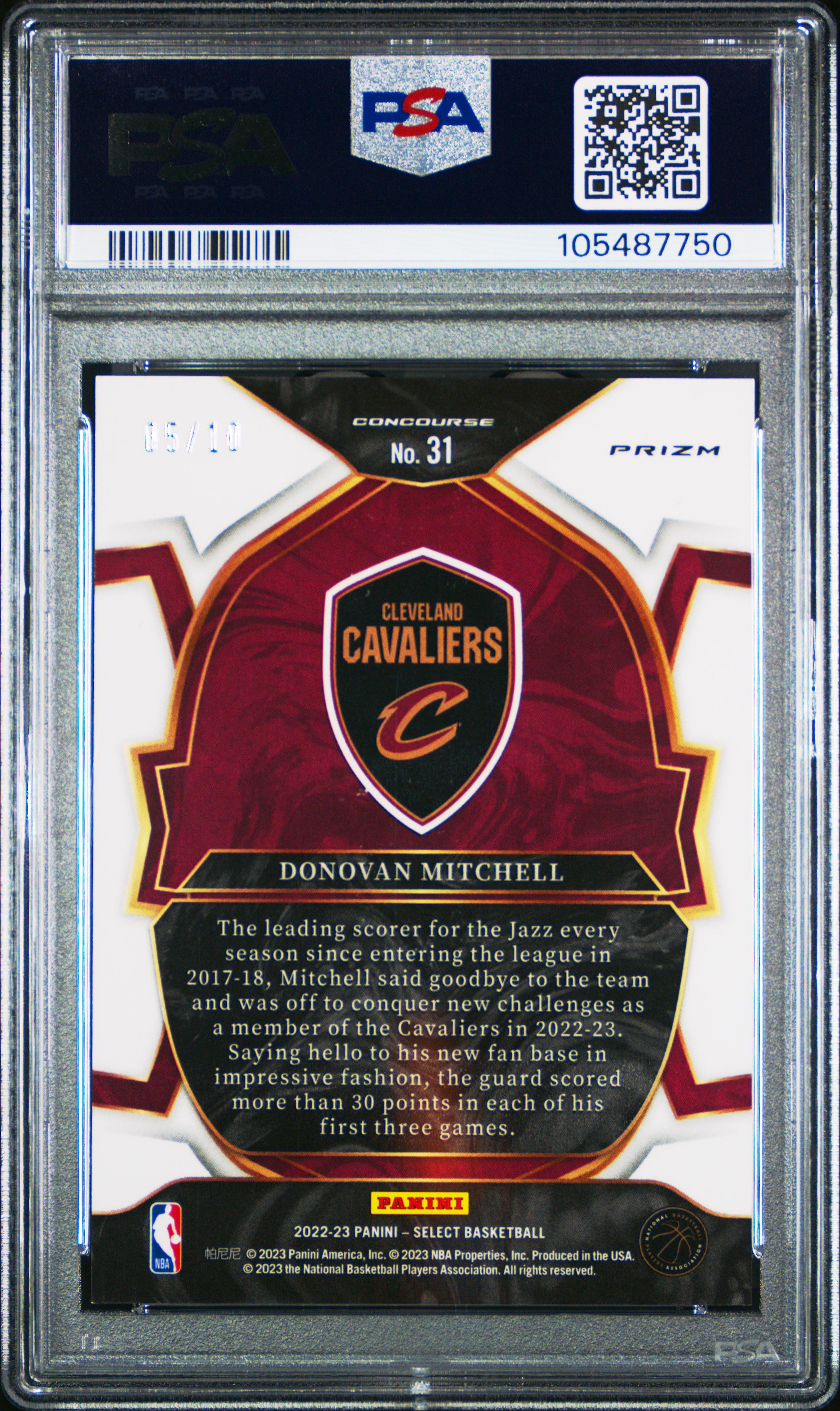 2022 Panini Select Donovan Mitchell #31 (Gold Wave) Gem Mt 10 back