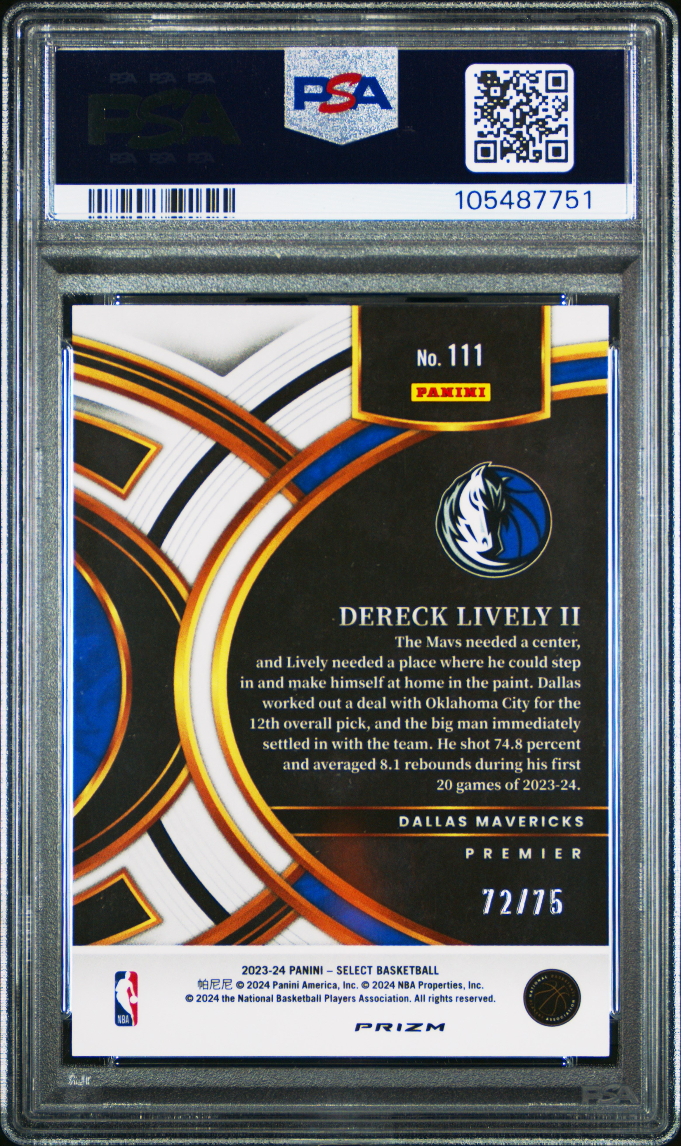 2023 Panini Select Dereck Lively Ii #111 (White Disco) Gem Mt 10 back