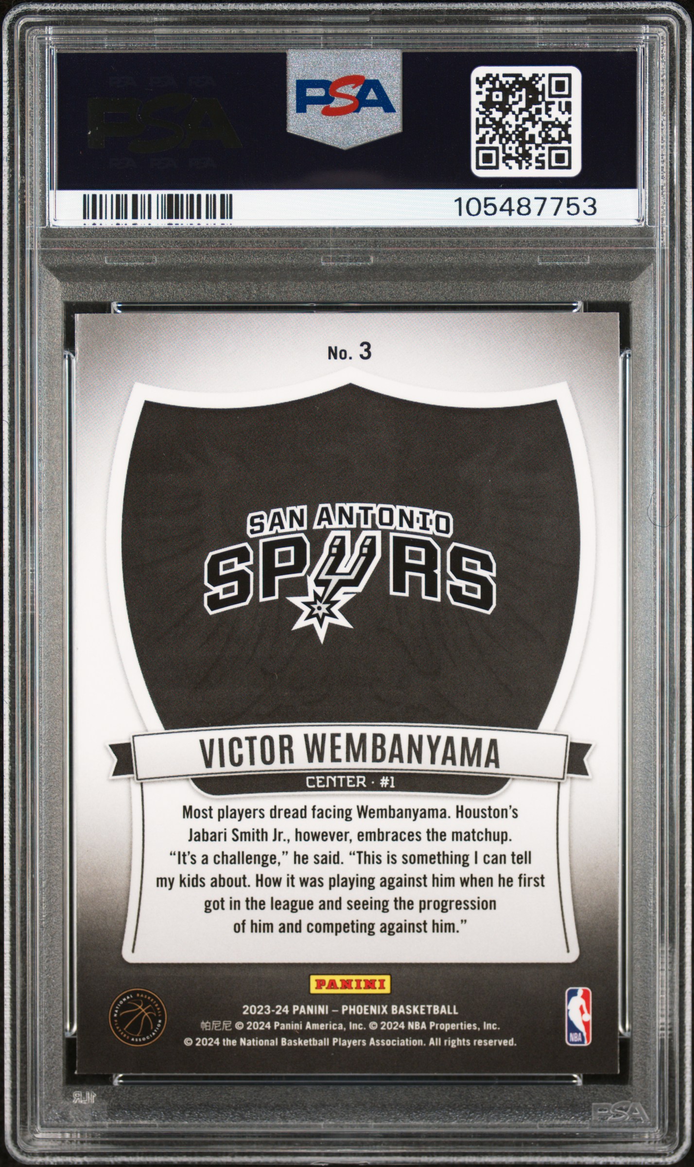 2023 Panini Phoenix Crusade Victor Wembanyama #3 Gem Mt 10 back