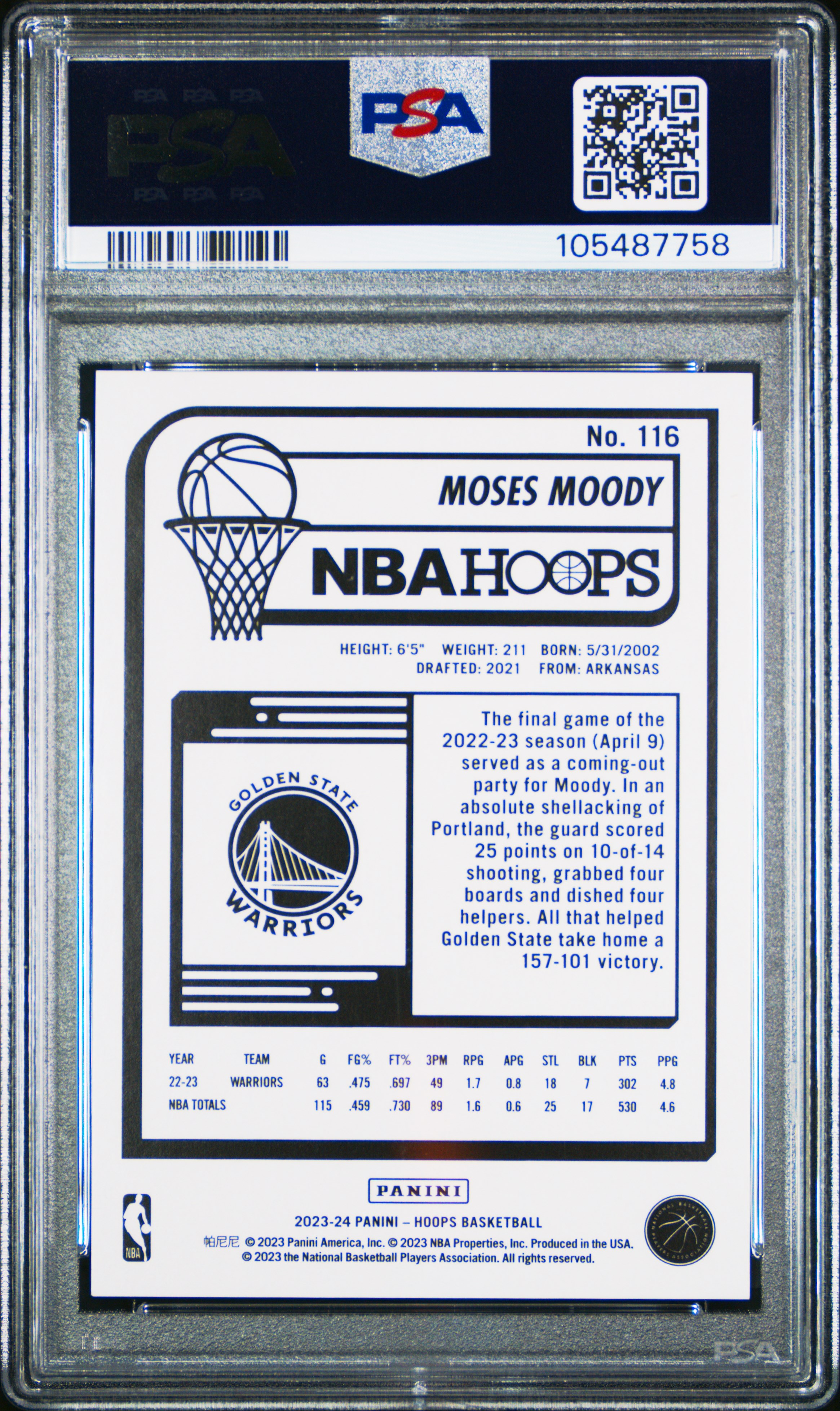 2023 Panini Nba Hoops Moses Moody #116 (Hyper Gold) Gem Mt 10 back