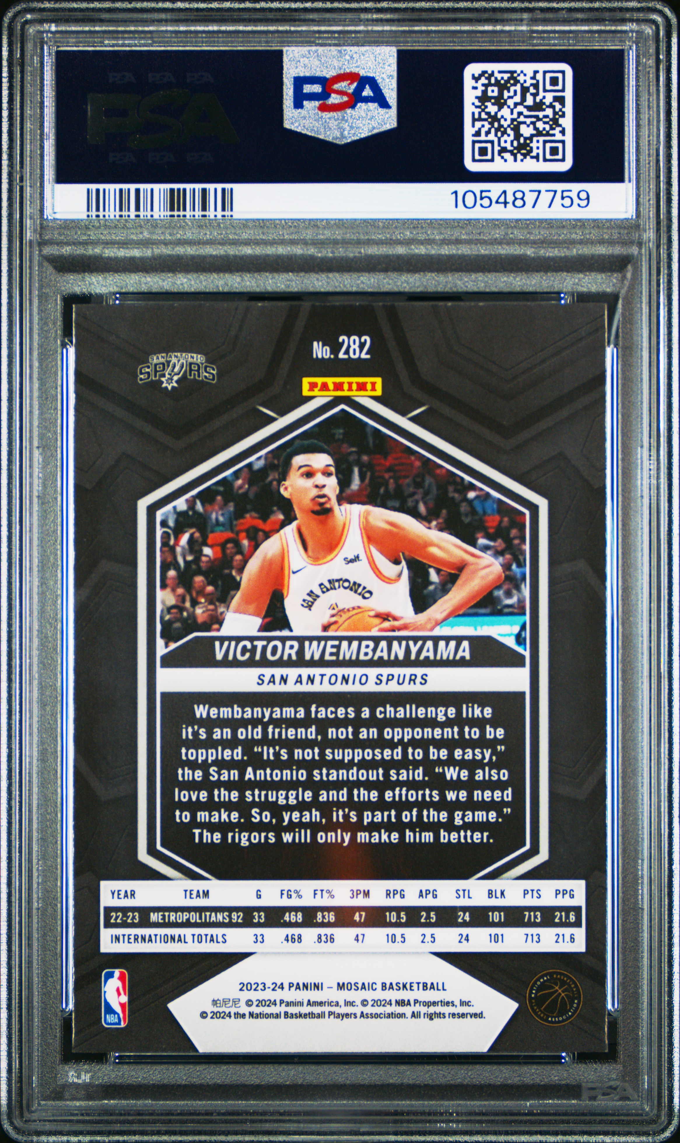 2023 Panini Mosaic Victor Wembanyama #282 Gem Mt 10 back