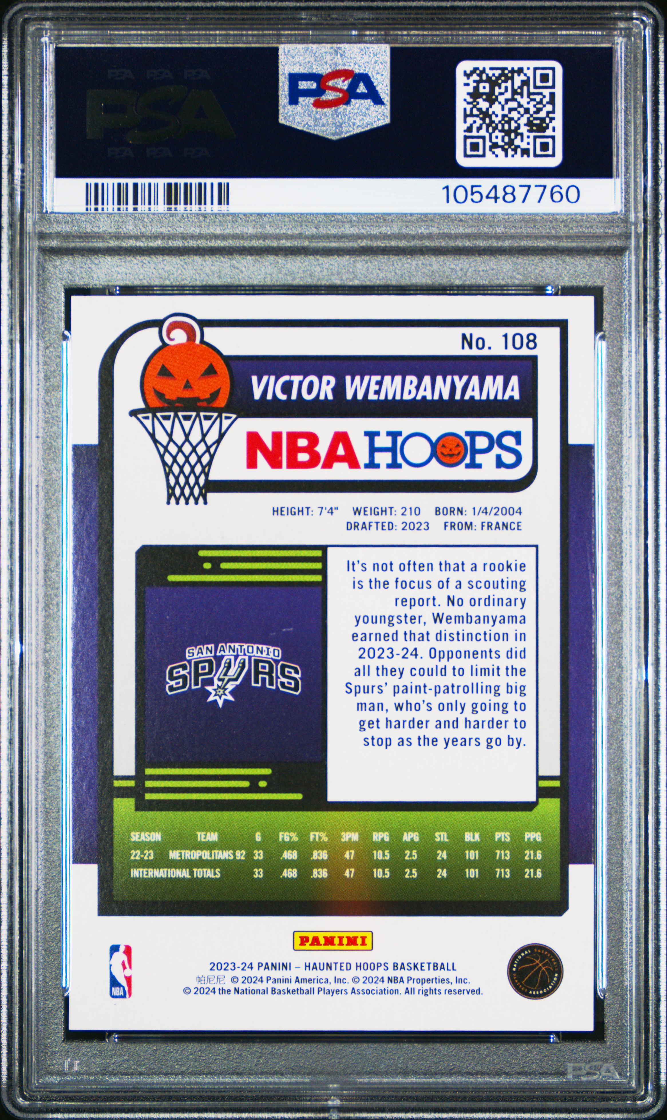 2023 Panini Haunted Hoops Victor Wembanyama #108 Gem Mt 10 back