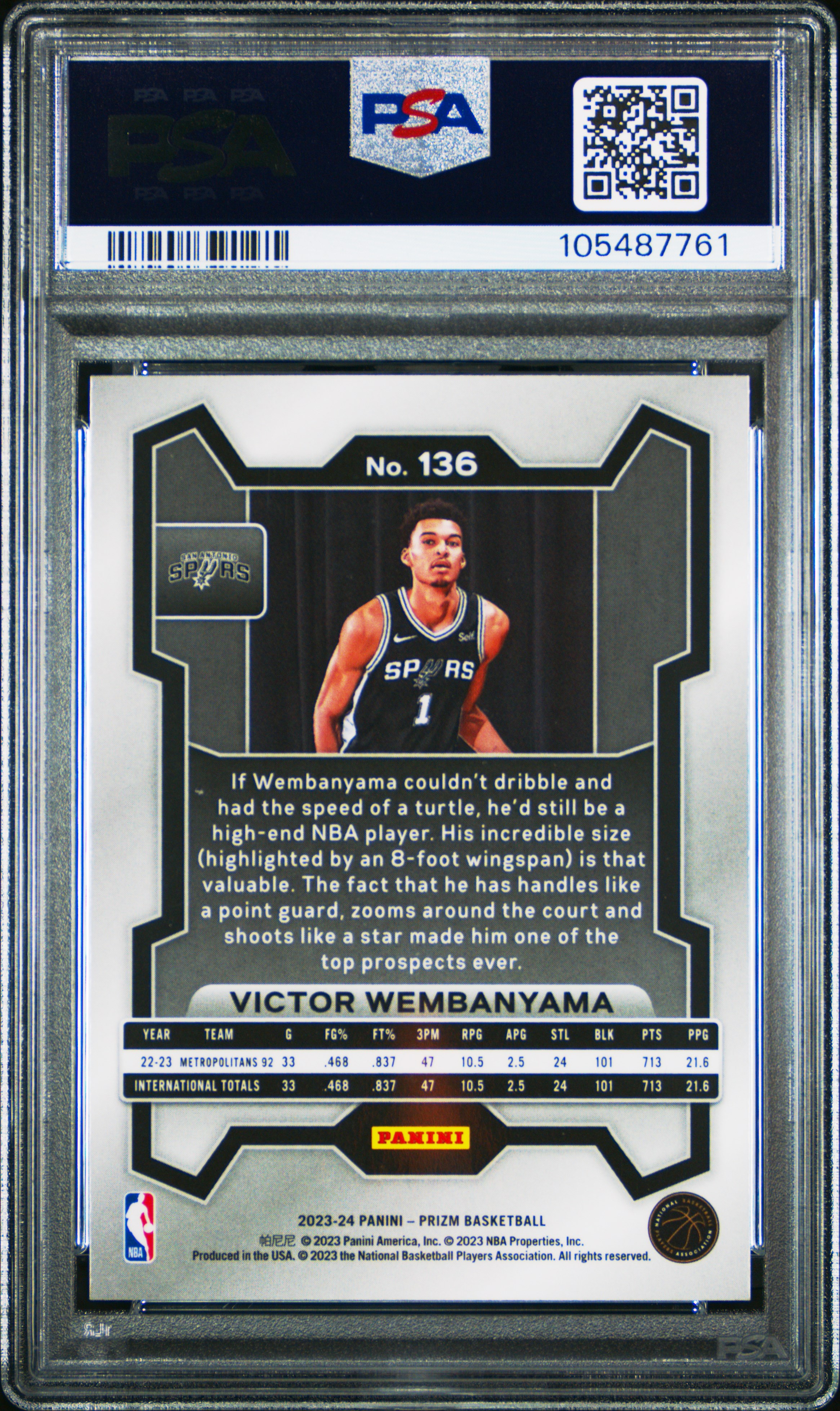 2023 Panini Prizm Victor Wembanyama #136 Gem Mt 10 back