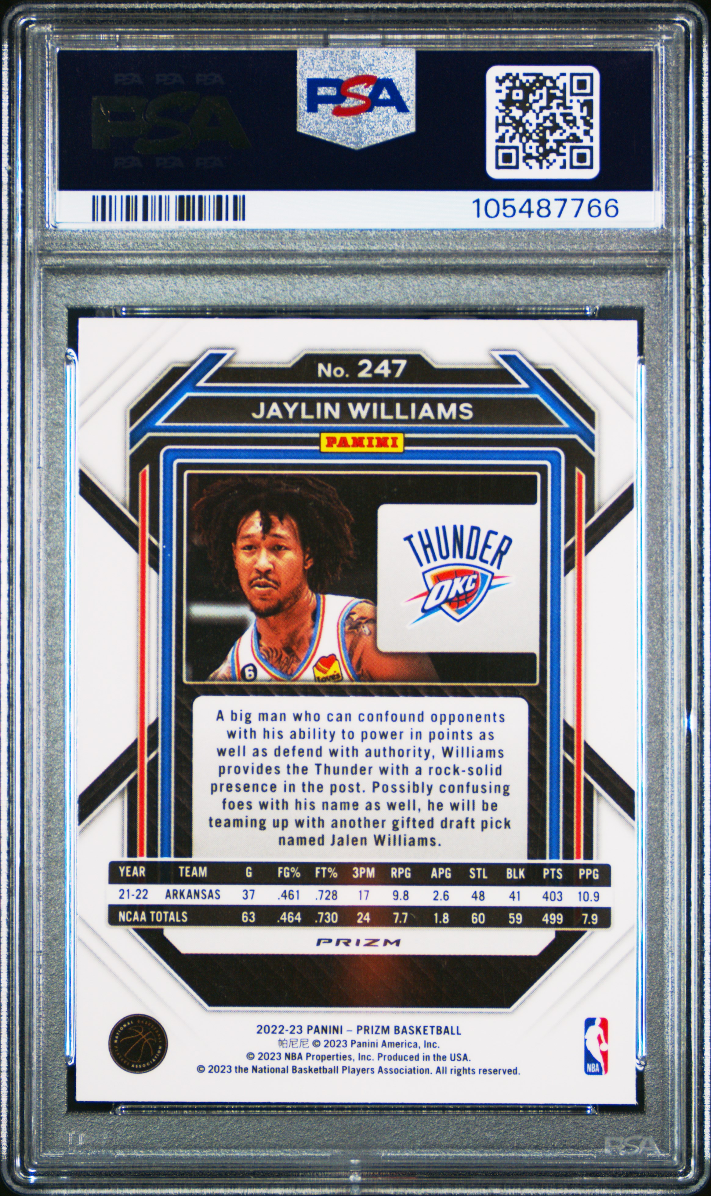 2022 Panini Prizm Jaylin Williams #247 (Ice) Gem Mt 10 back