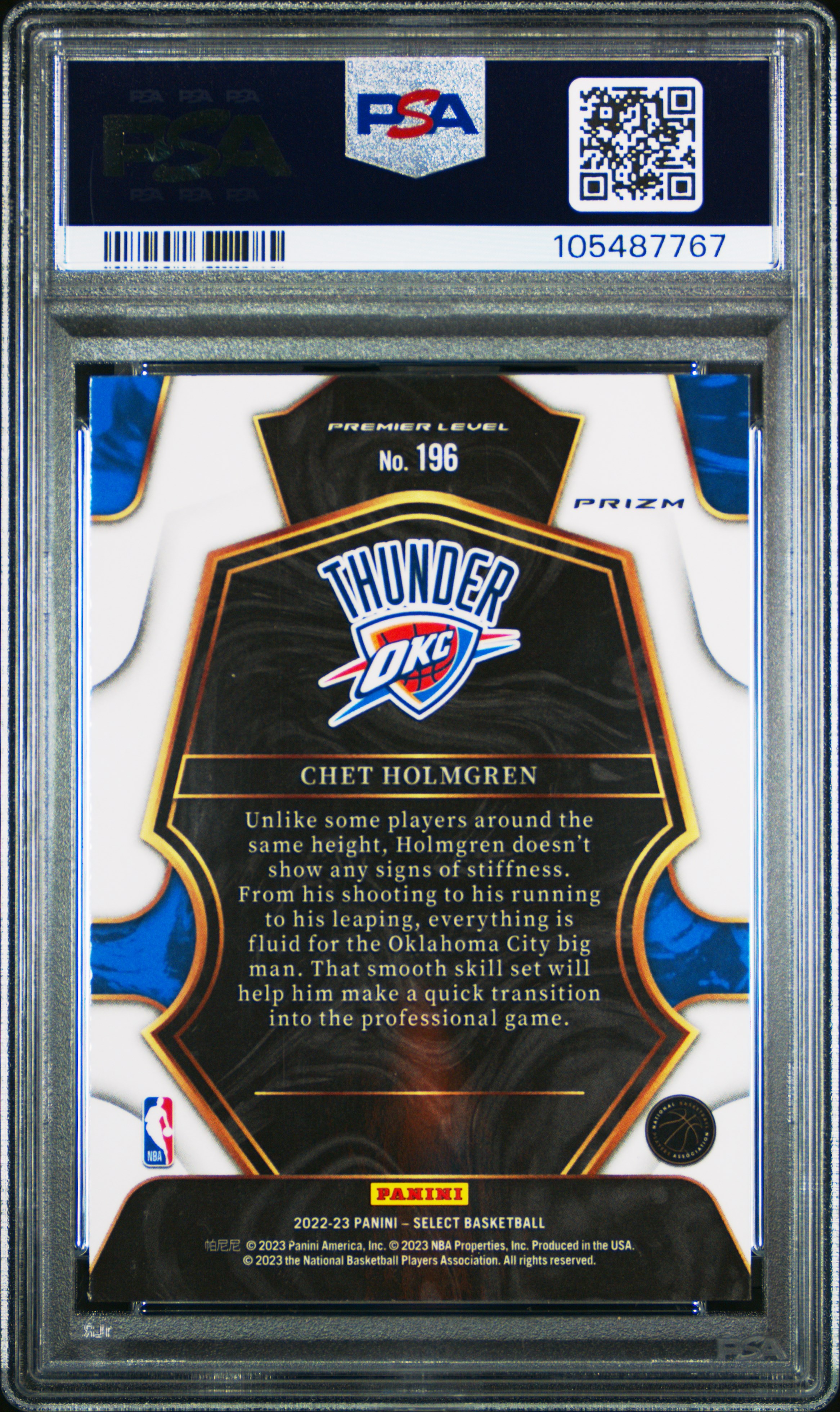 2022 Panini Select Chet Holmgren #196 (Blue Prizm) Gem Mt 10 back