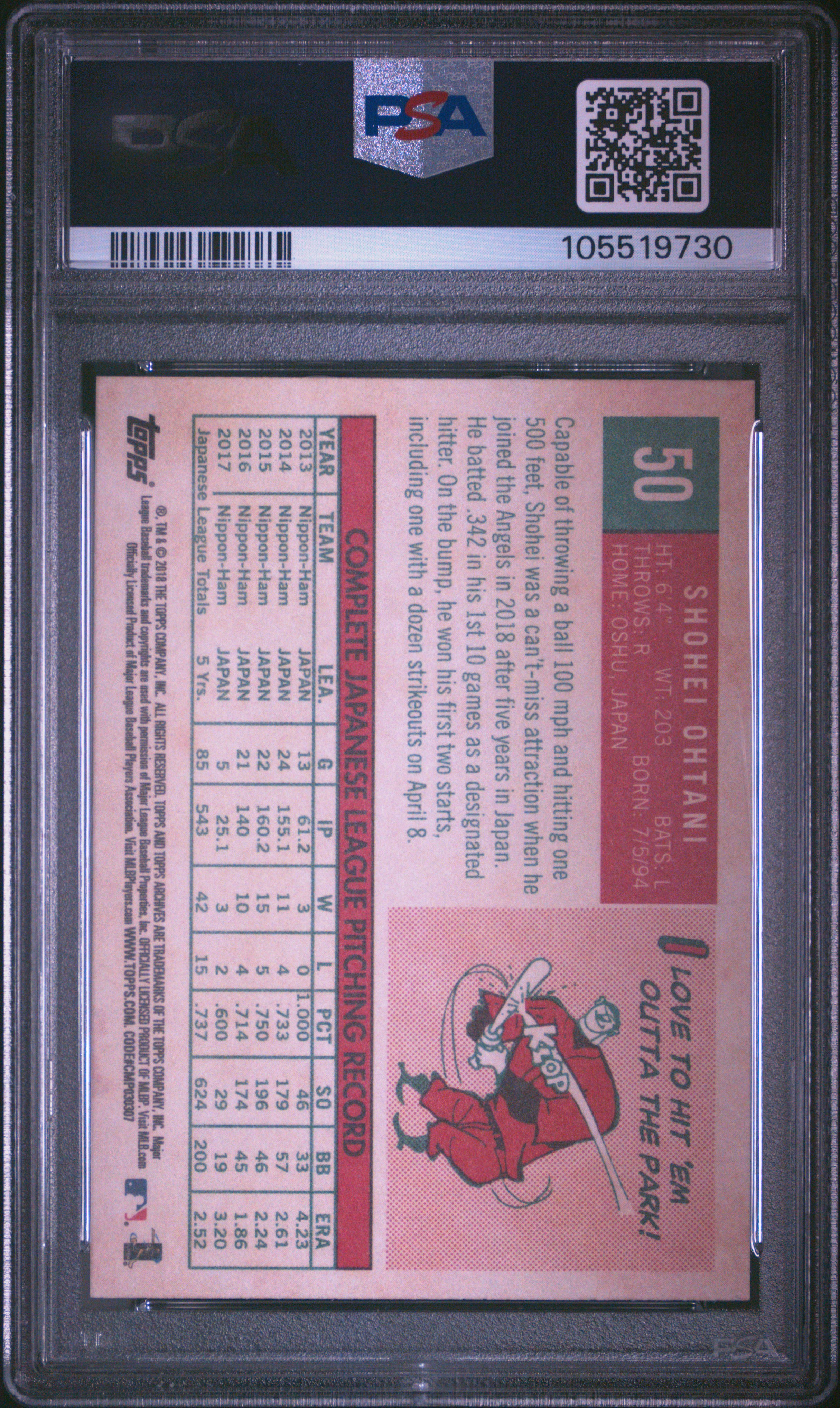 2018 Topps Archives Shohei Ohtani #50 (Pitching Stance) Gem Mt 10 back