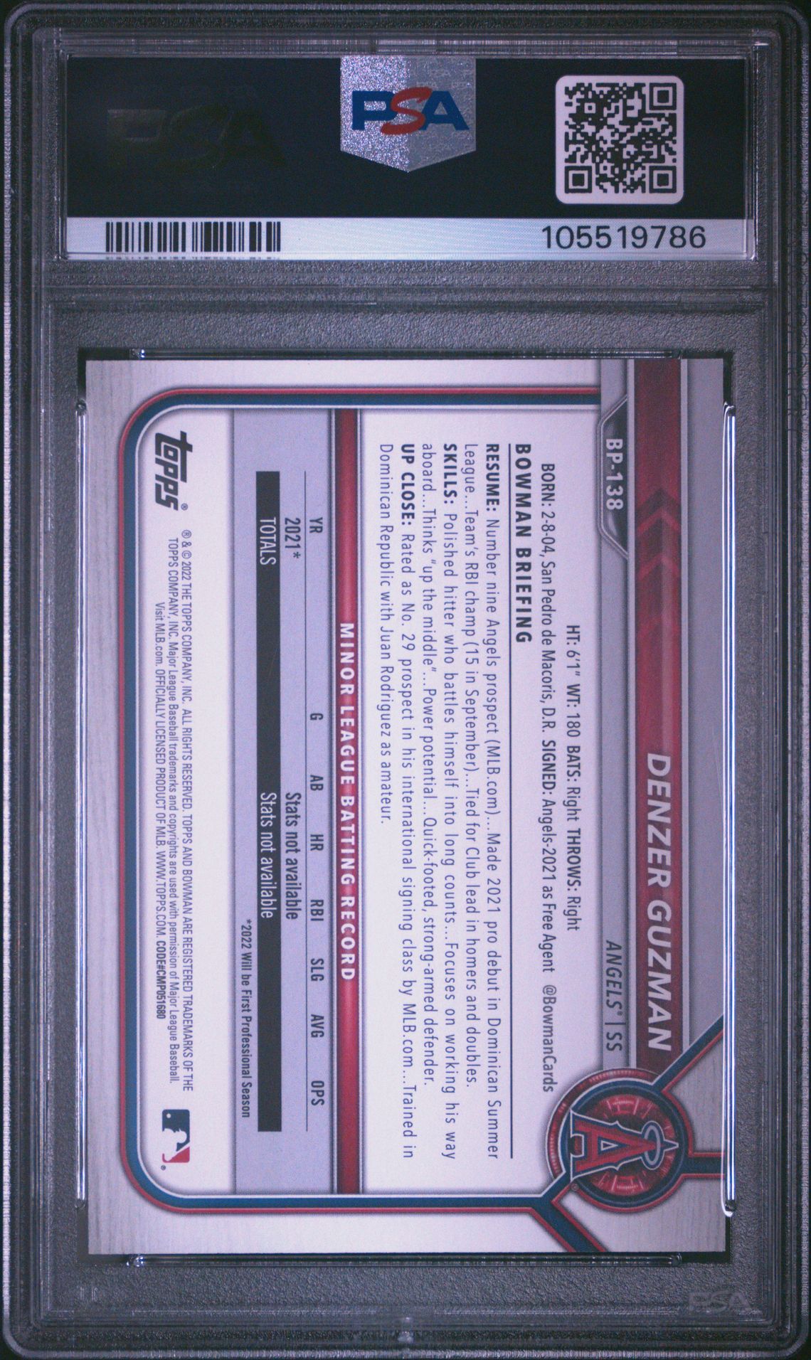 2022 Bowman Paper Prospects Denzer Guzman #Bp138 (Paper Prospects-Yellow) Mint 9 back