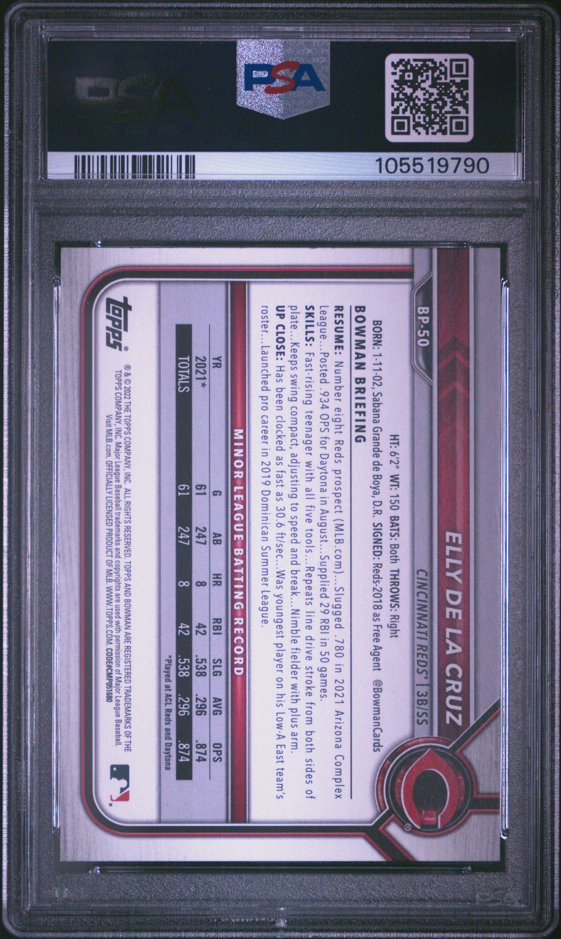 2022 Bowman Paper Prospects Elly De La Cruz #Bp50 (Paper Prospects) Gem Mt 10 back