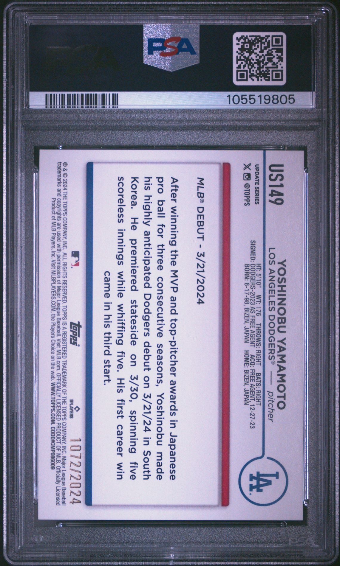 2024 Topps Update Yoshinobu Yamamoto #Us149 (Gold) Gem Mt 10 back