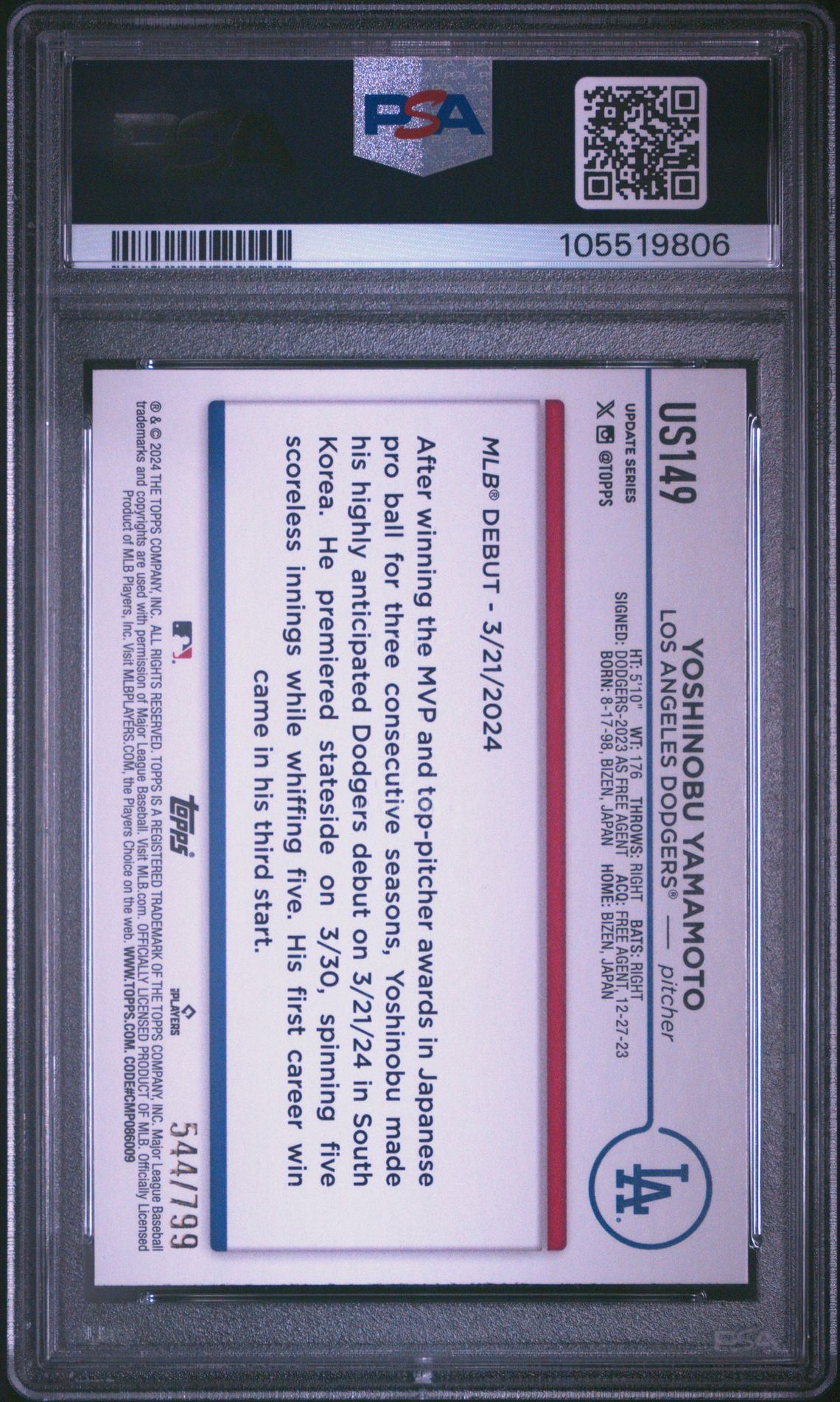 2024 Topps Update Yoshinobu Yamamoto #Us149 (Purple Holo Foilboard) Gem Mt 10 back