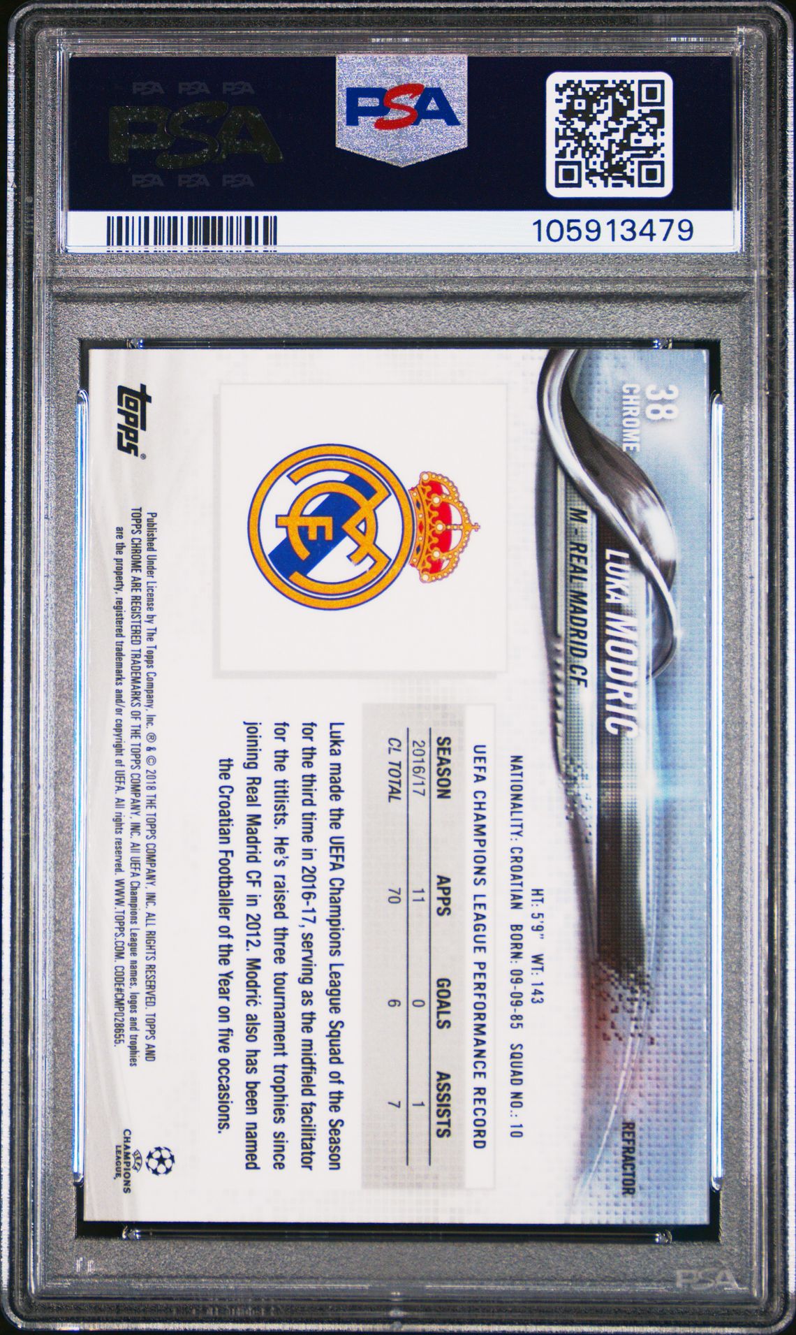 2017 Topps Chrome Uefa Champions League Luka Modric #38 (Refractor) Gem Mt 10 back