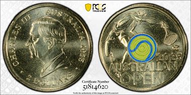2025 $2 Men’s Australian Open Yellow Envelope Privy Colorized MS68