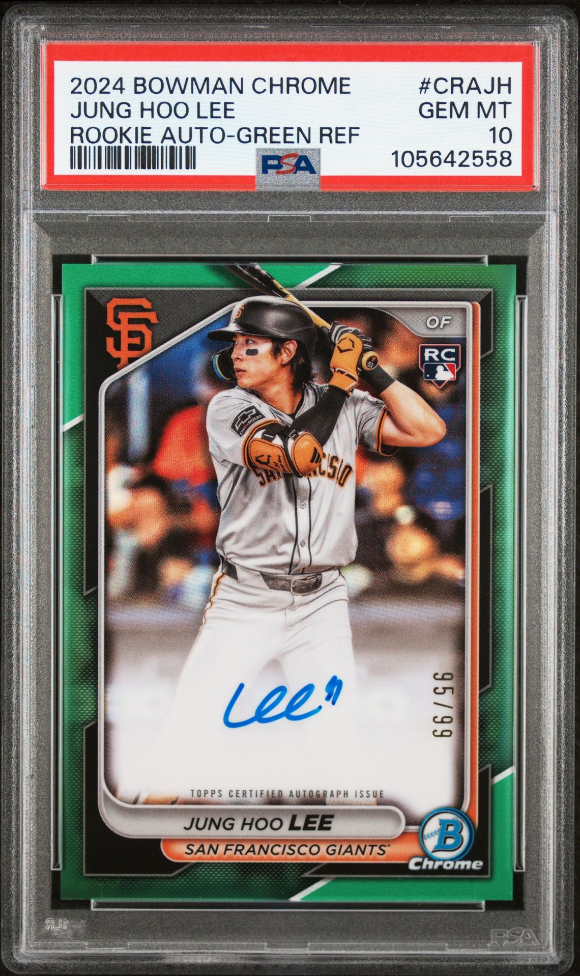 2024 Bowman BOWMAN CHROME CHROME ROOKIE AUTOGRAPHS ROOKIE AUTO-GREEN REF #CRAJH Jung Hoo Lee front