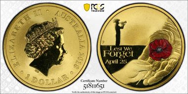 2018-P $1 Anzac - Lest We Forget Red Poppy Colorized MS69
