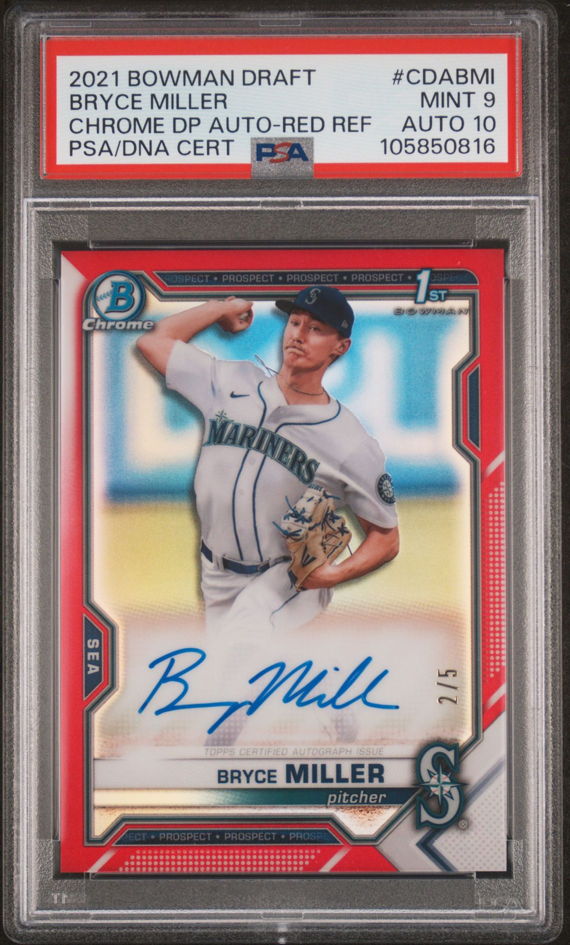 2021 Bowman BOWMAN DRAFT CHROME DRAFT PICK AUTOGRAPHS CHROME DP AUTO-RED REFCertificationPrimary Signer (1 Signer)BRYCE MILLER #CDABMI Bryce Miller front