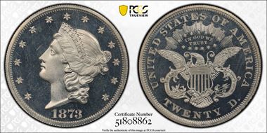 1873 $20 J-1345 PR66+ CAM