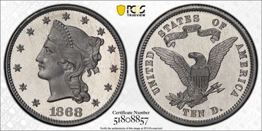 1868 $10 J-663 PR67CAM