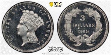 1869 $3 J-773 PR65+ DCAM