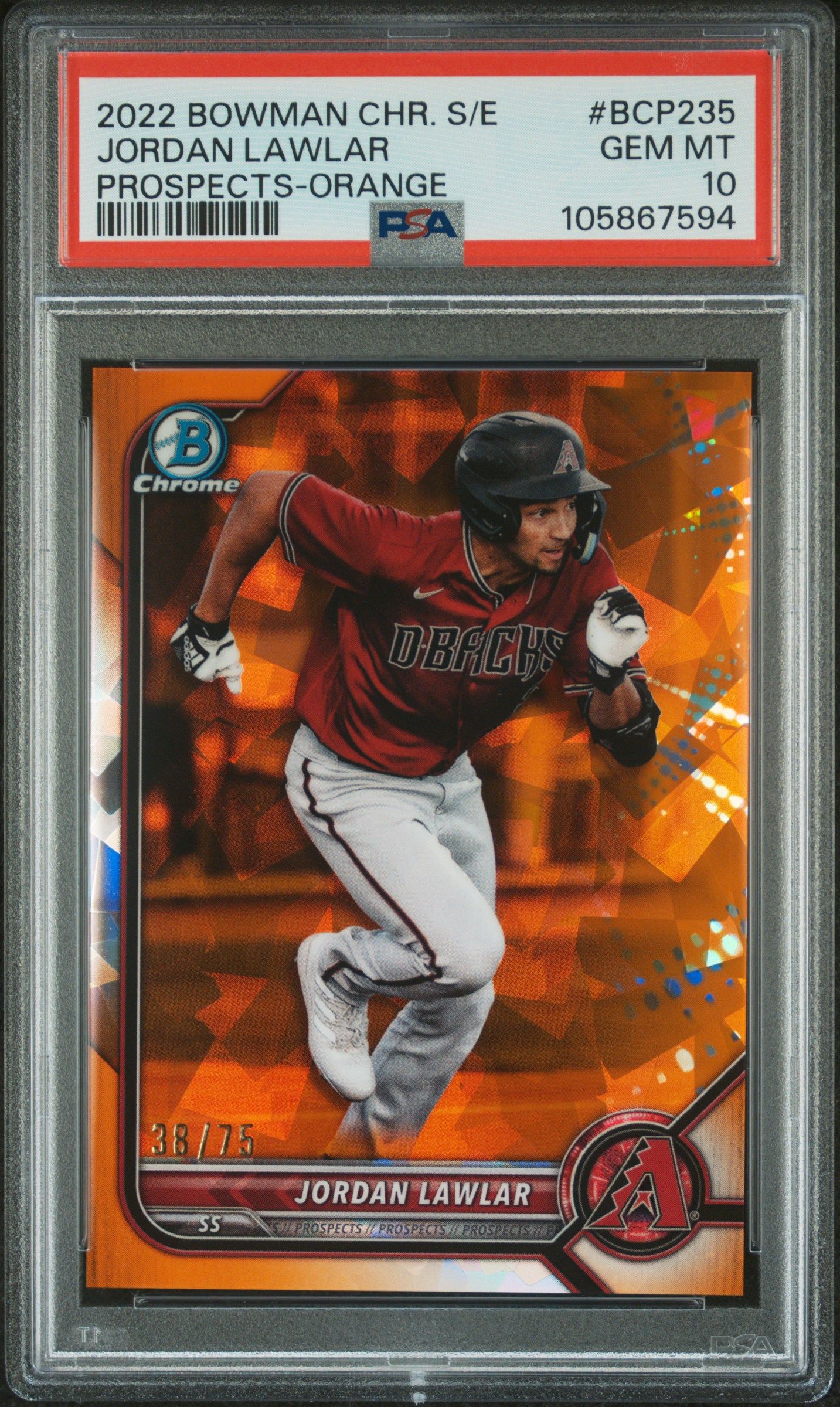 2022 Bowman Chrome Sapphire Edition Prospects Jordan Lawlar #Bcp235 (Prospects-Orange) Gem Mt 10 front