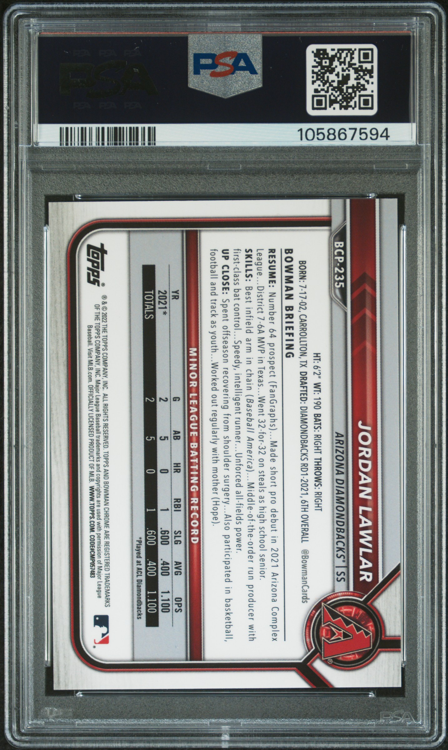 2022 Bowman Chrome Sapphire Edition Prospects Jordan Lawlar #Bcp235 (Prospects-Orange) Gem Mt 10 back