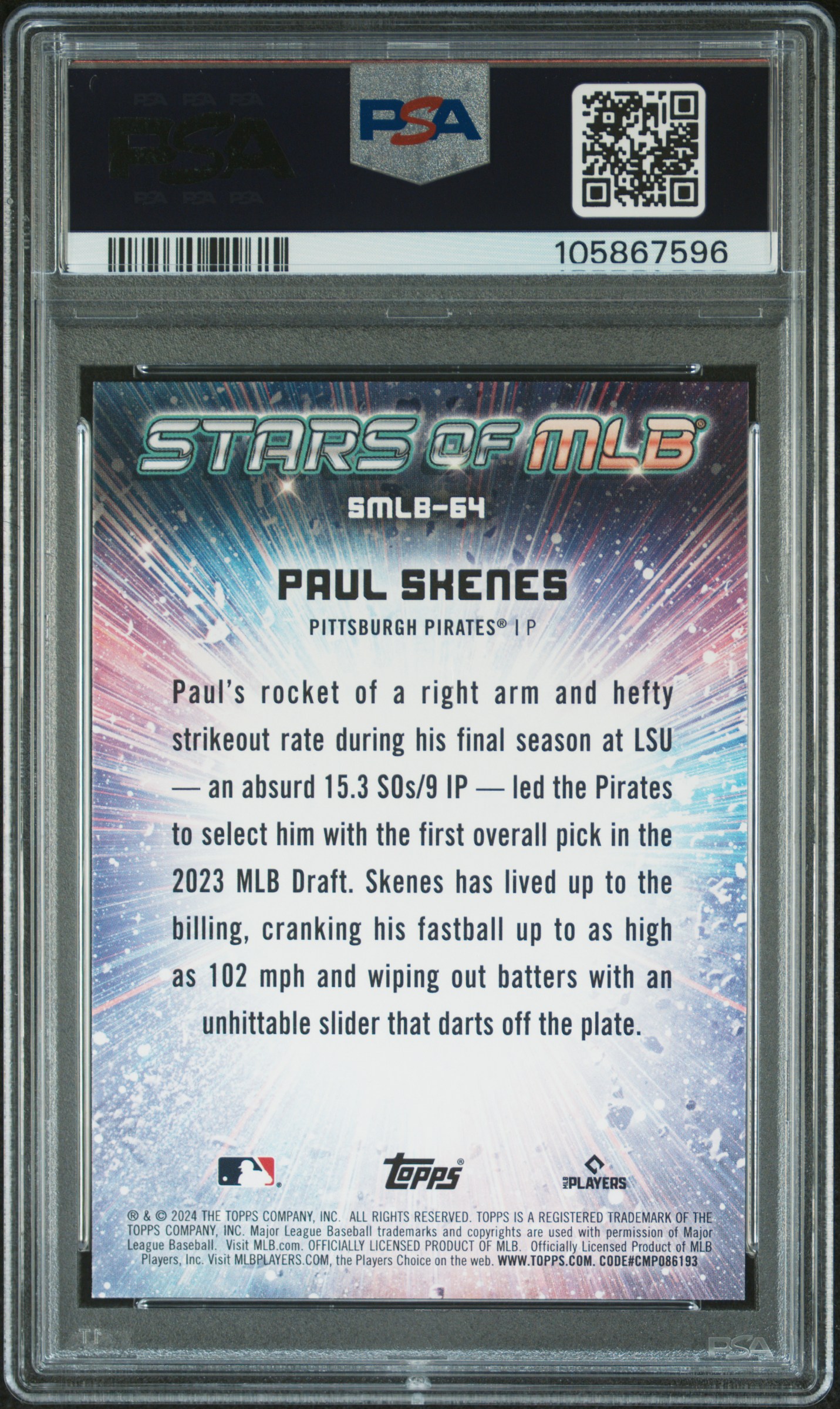 2024 Topps Stars Of Mlb Paul Skenes #Smlb64 (Update) Gem Mt 10 back