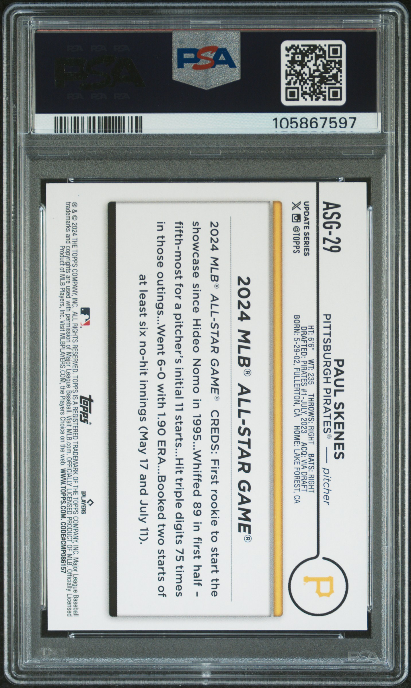 2024 Topps Update 2024 All-Star Game Paul Skenes #Asg29 Mint 9 back