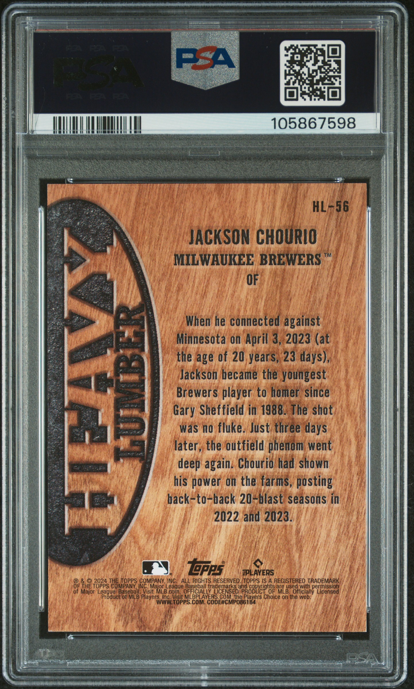 2024 Topps Heavy Lumber Jackson Chourio #Hl56 (Update) Mint 9 back
