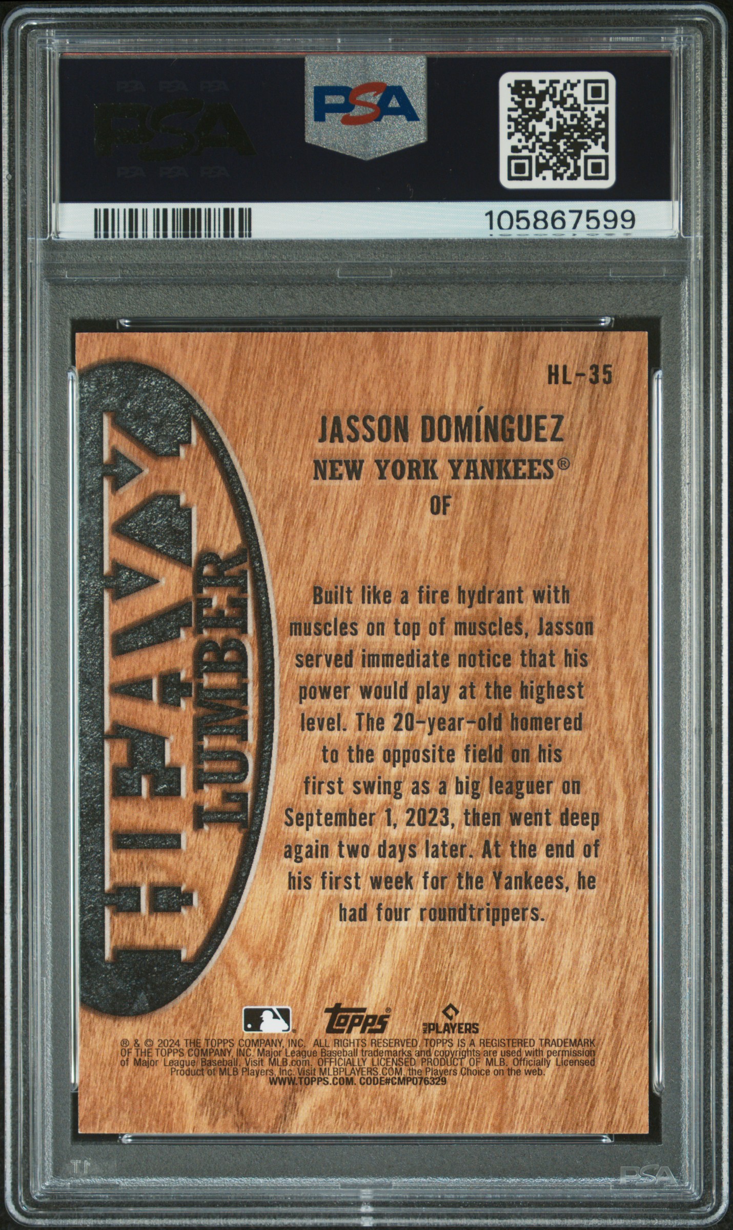 2024 Topps Heavy Lumber Jasson Dominguez #Hl35 (Series 2) Gem Mt 10 back