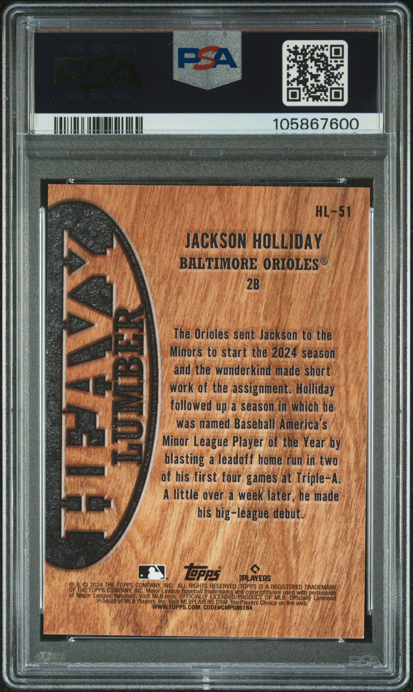 2024 Topps Heavy Lumber Jackson Holliday #Hl51 (Update) Mint 9 back