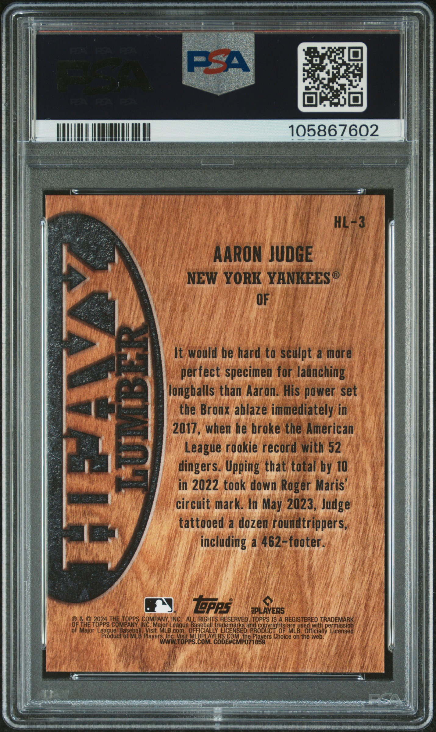 2024 Topps Heavy Lumber Aaron Judge #Hl3 Gem Mt 10 back