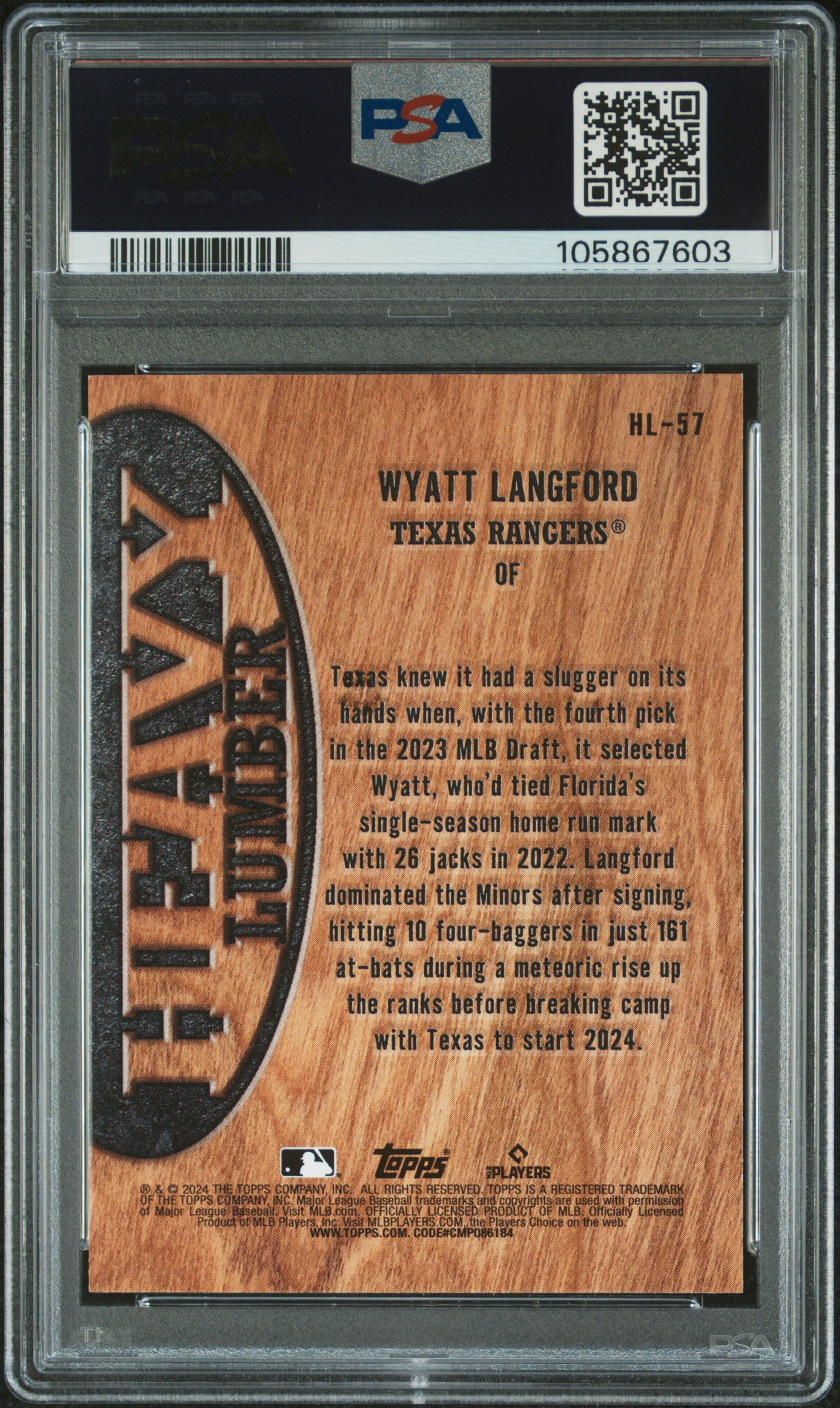 2024 Topps Heavy Lumber Wyatt Langford #Hl57 (Update) Gem Mt 10 back
