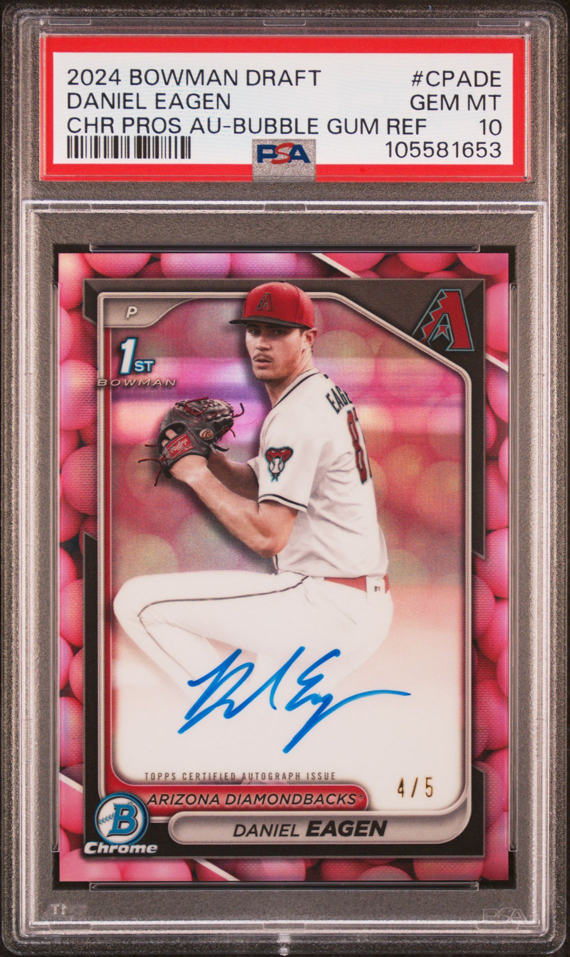2024 Bowman BOWMAN DRAFT CHROME PROSPECT AUTOGRAPHS CHR PROS AU-BUBBLE GUM REF #CPADE Daniel Eagen front
